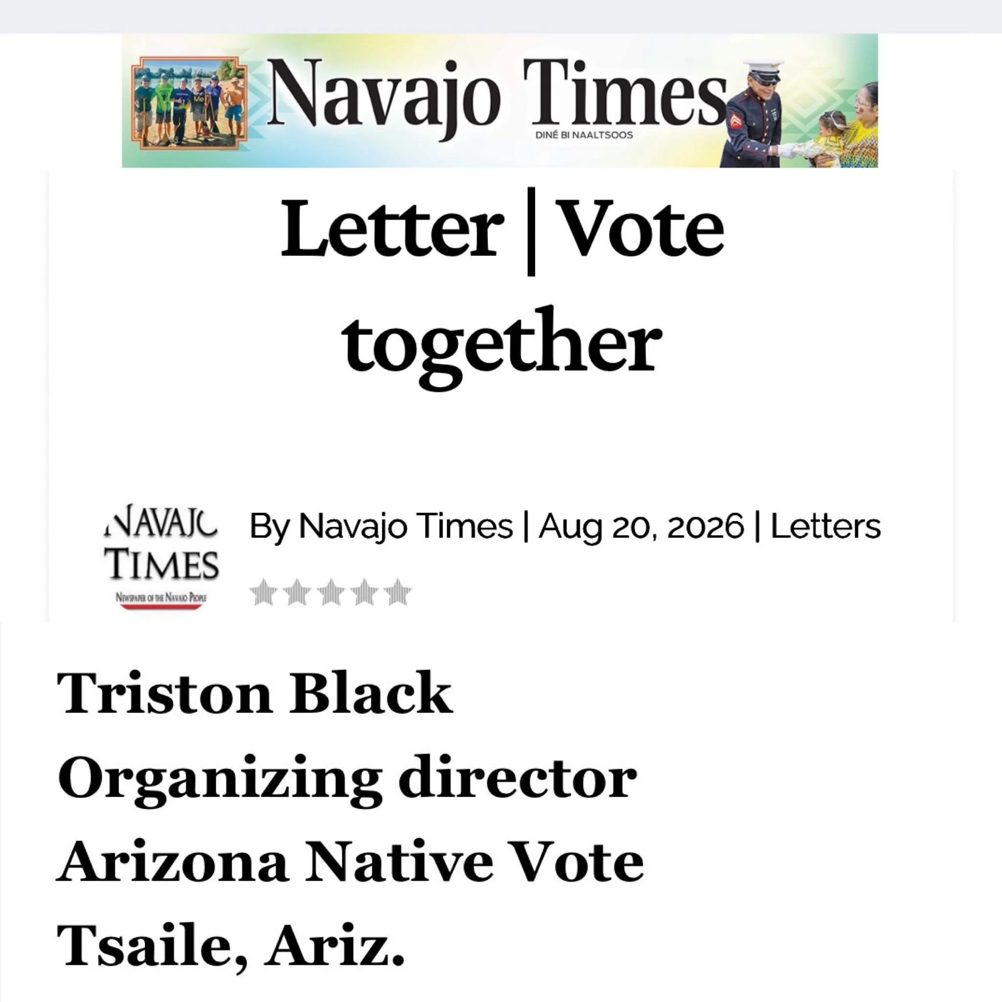 Check out the new write up from our Organizing Director Triston Black in the @navajotimes 
👓 Read write up here 🔗 https://navajotimes.com/opinion/letters/letter-vote-together/ 

Well done! 👏🏽📰 Great info.