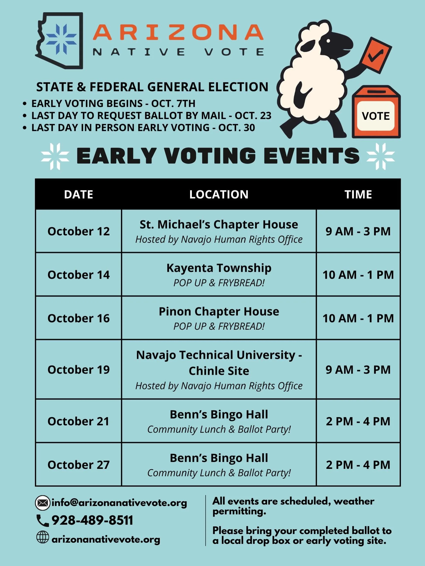 🪅Hey Navajo Nation relatives, in northern Apache &amp; Navajo Counties, you&rsquo;re invited to our ballot party!
 🗓️Mark your calendars for an early vote event near you. 📝Bring your ballots and the family. 
We&rsquo;ll eat, visit, have fun, and d