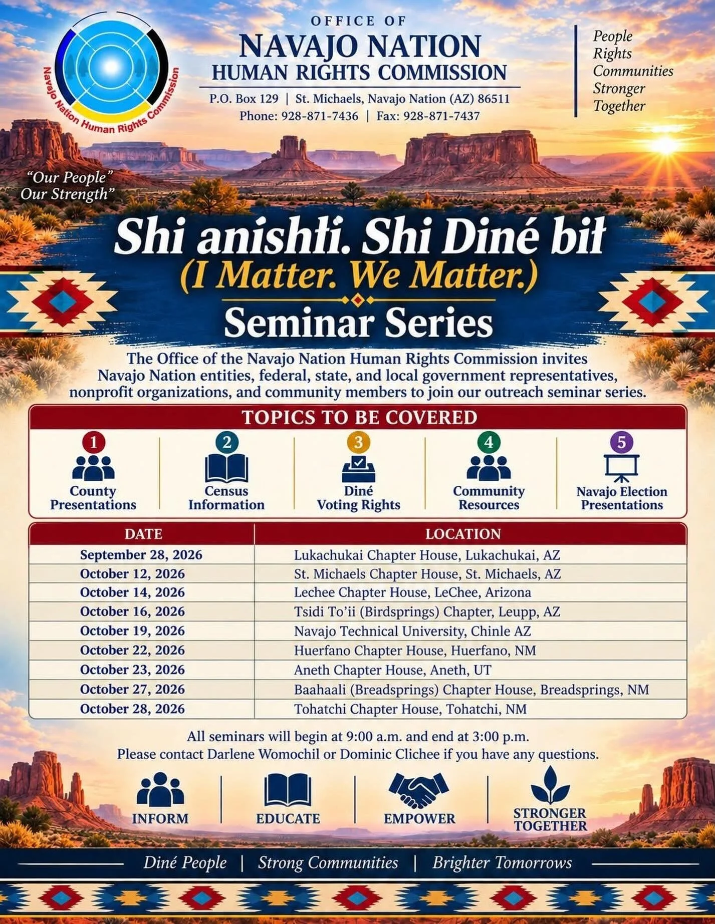 Join us this Monday 10/12 for Indigenous Peoples Day at St. Michael&rsquo;s Chapter House! We&rsquo;re teaming up with NNHRC to provide information for the Midterm election. 

The &ldquo;Shi anishł&iacute;. Shi Din&eacute; bił - I Matter. We Matter.-