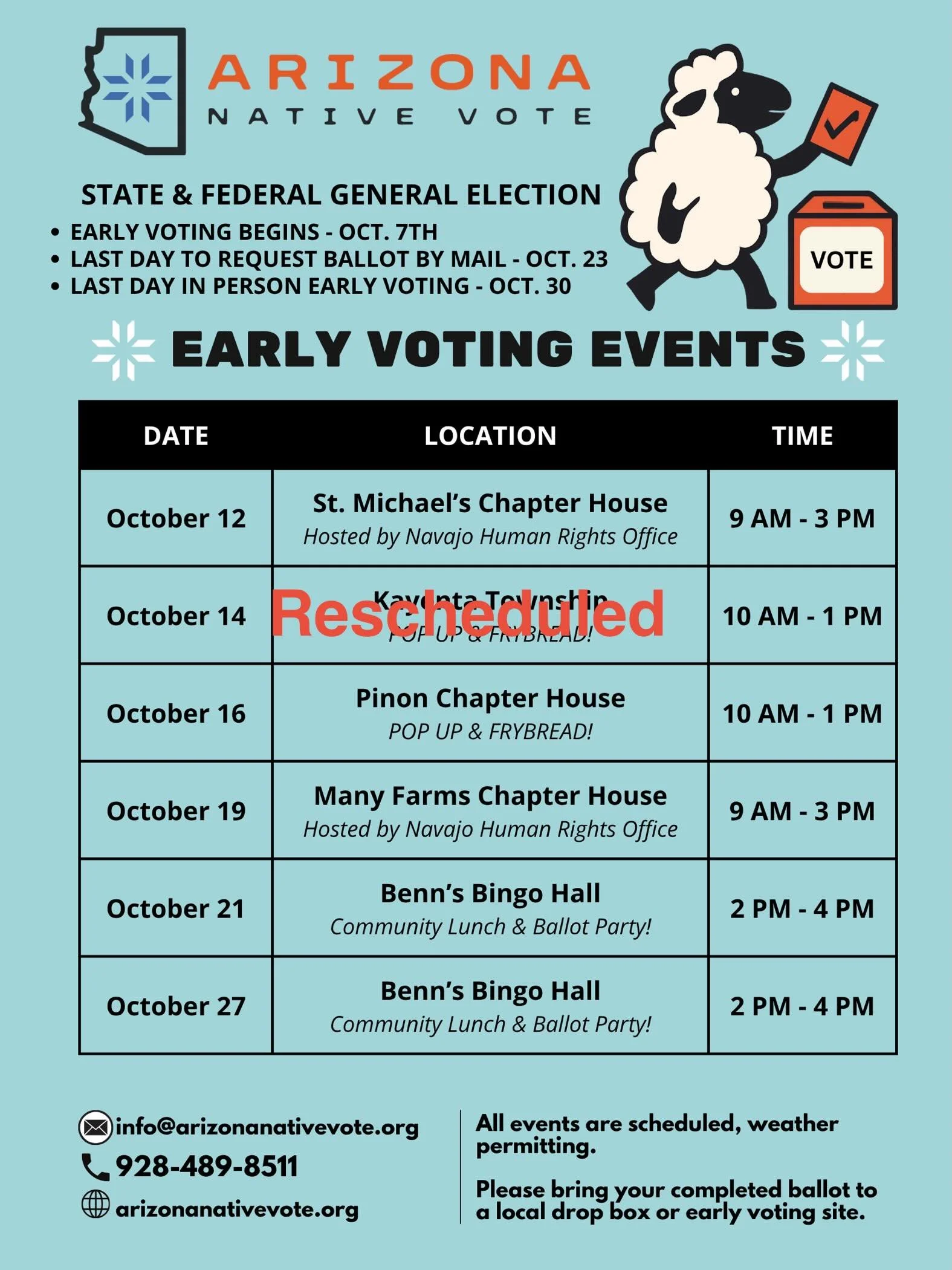 🛑Due to weather, we are cancelling today&rsquo;s Kayenta early vote event.🛑 Many of our organizers are not able to travel due to washed out roads, muddy roads, in the area. Stay tuned for our new date! 
📍🗳️Early voting days and times for Kayenta 