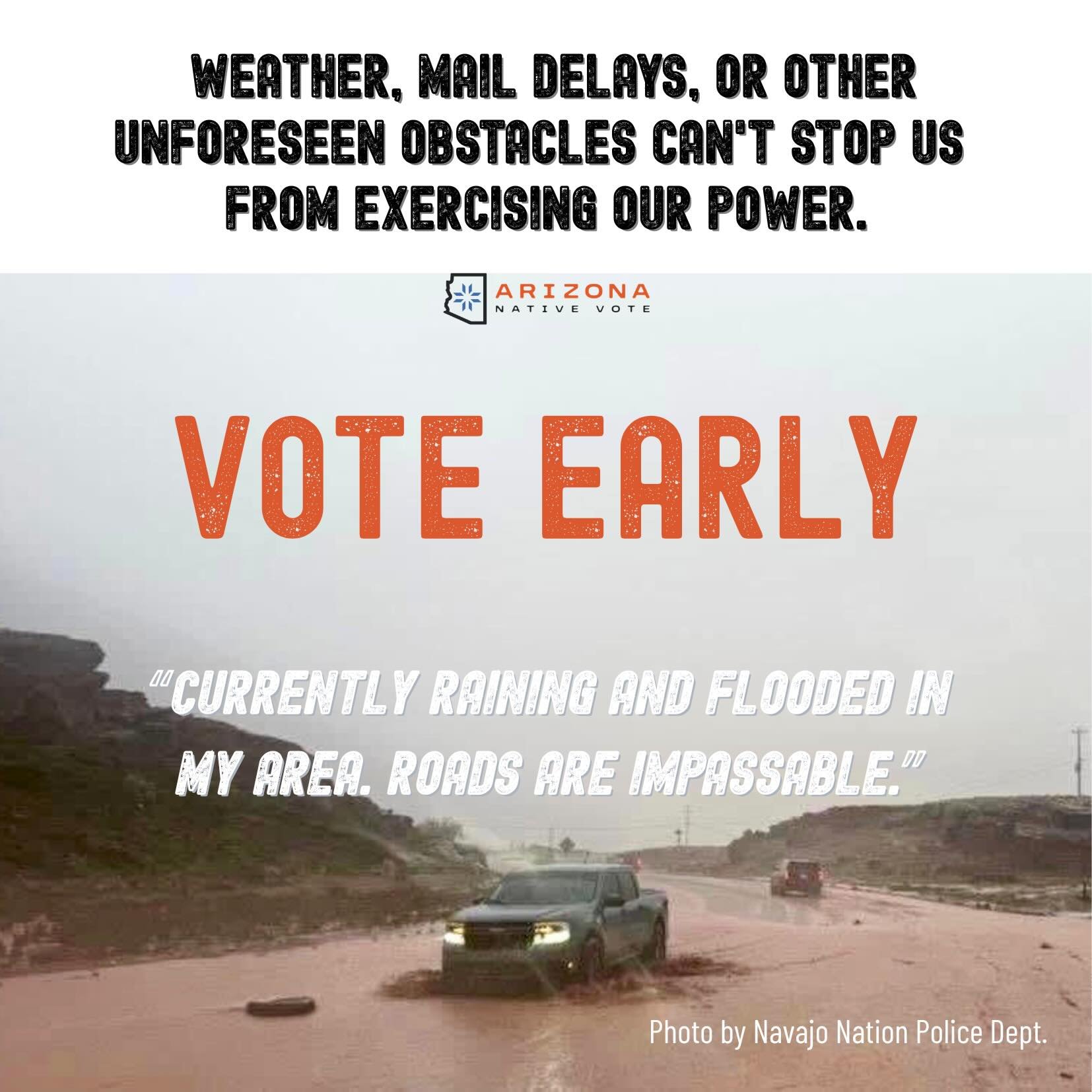 We&rsquo;re receiving much needed rain. 🌧️ However, this can also change travel plans. To avoid voting on the last day, and risk uncertain weather delays on November 3rd, vote early! Vote before October 30th. 🛻

EARLY VOTE SITES
📌Apache County Ear