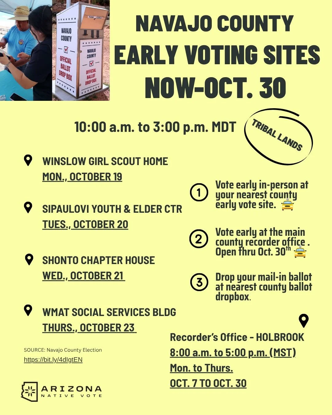 Remaining early vote days! DON&rsquo;T CHANCE IT. 🪶Early in-person voting began 10/7 AND ballots were being mailed. Early voting goes through October 30th. 

💌Relatives who use a PO Box make sure to check your mail &amp; VOTE EARLY. 

🗳️Best bet d