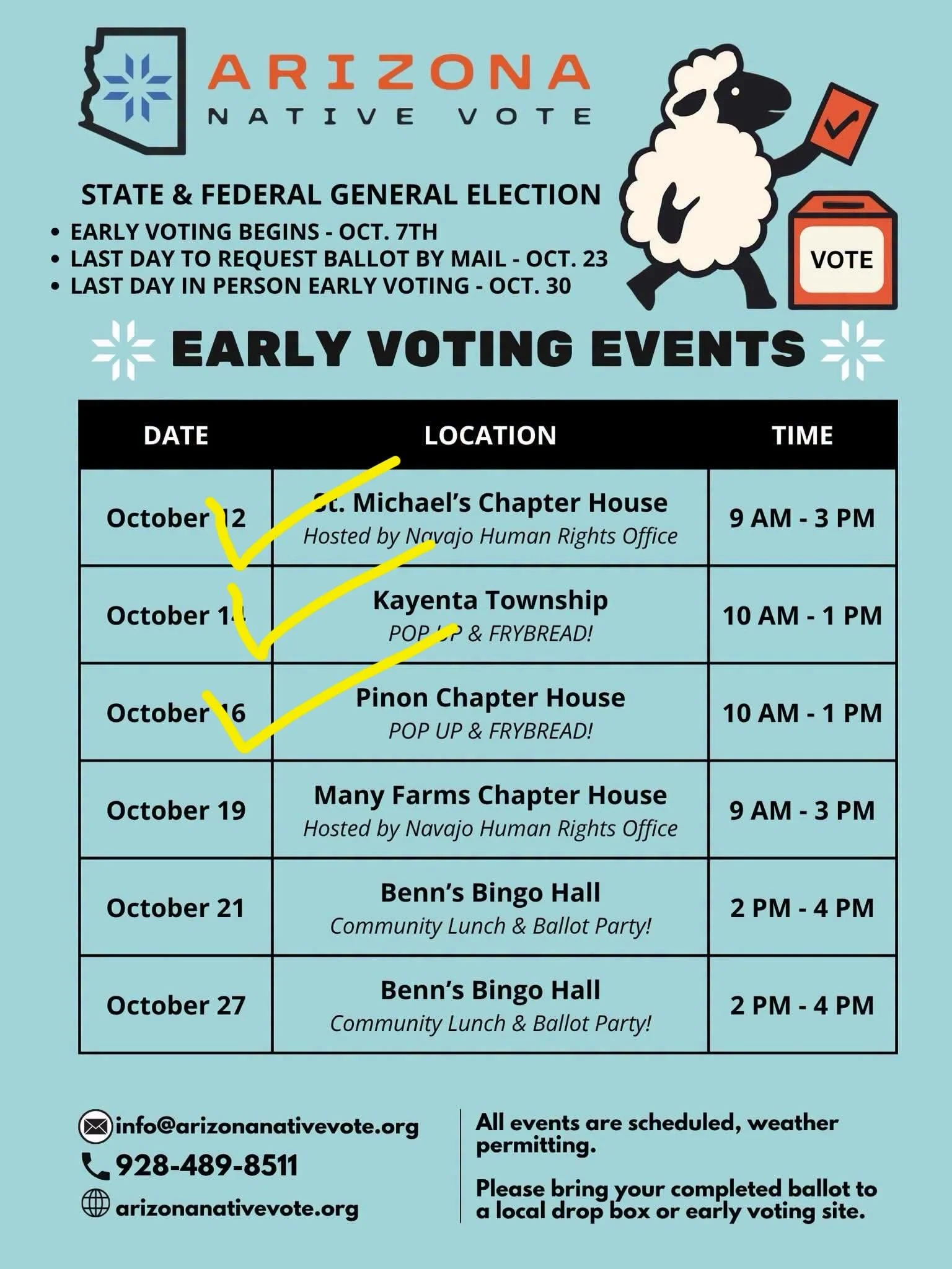 Hey Many Farms, Chinle, and neighboring communities, join is this Mon., October 19 in Many Farms for the Sh&iacute; Anishl&iacute;. Shi Din&eacute; Bił and early vote event. 

🪅 Receive info. on our 🎱 statewide propositions and AZ state and federal