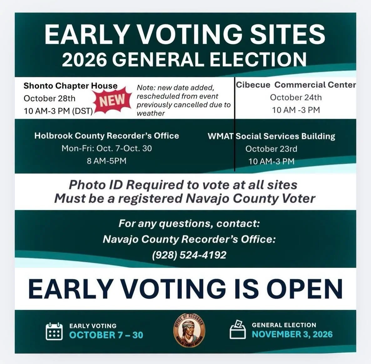 ‼️Hey SHONTO, you have a new early voting date. It&rsquo;s Wed., October 28 from 10 AM to 3 PM local time. 
📣📣Navajo County posted today 10/23/26 the new early voting time and date. Please get the word out to your families and relatives in the Shon