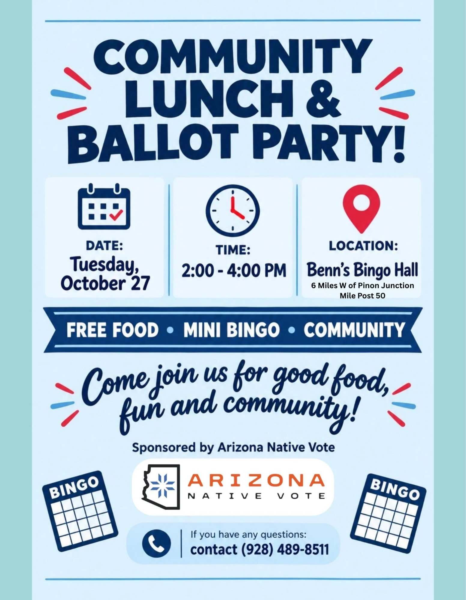 📣📣Chinle, Blue Gap, Cottonwood and neighbors, join us for our last early vote events &amp; ballot party. Drop that mail-ballot at your drop box! 

Tuesday, Oct.27  2-4pm