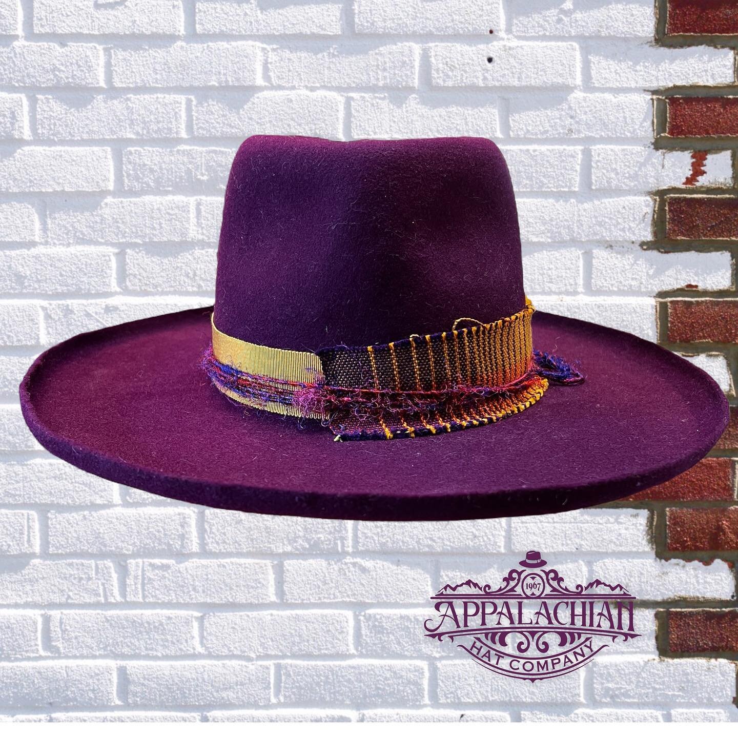 Purple passion fur felt fedor w pencil curled brim and hand loom woven thrum, woven silk dyed yarn #fedora #hat #customhat #hatmaker #appalachianhatco #purplehat #zootsuit #classic #style #blackmountain #asheville #wnc