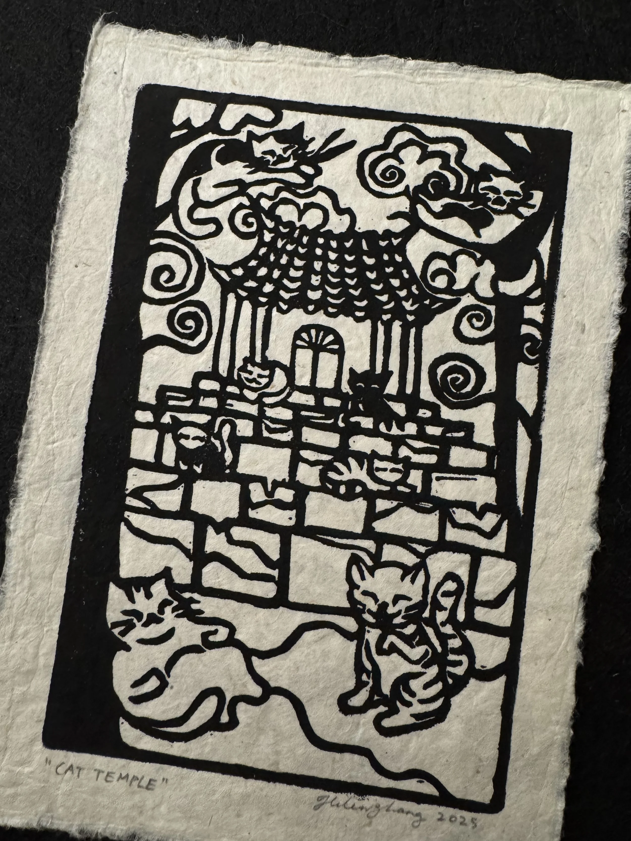 cats block print, cat temple art, cat temple block print, temple cats art, cat temple with 8 happy cats
