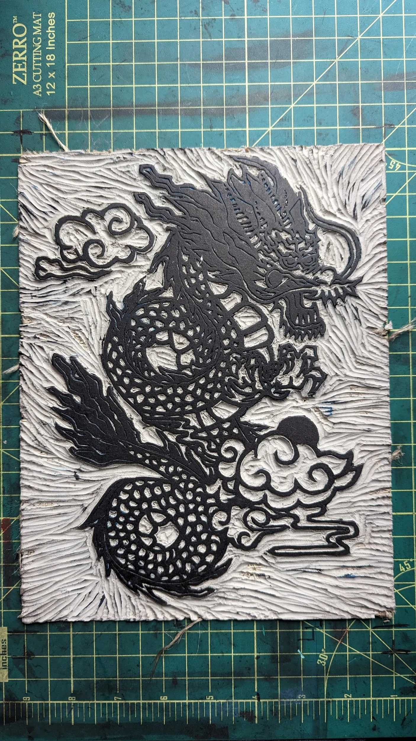dragon linocut print, dragon block print, traditional asian dragon art