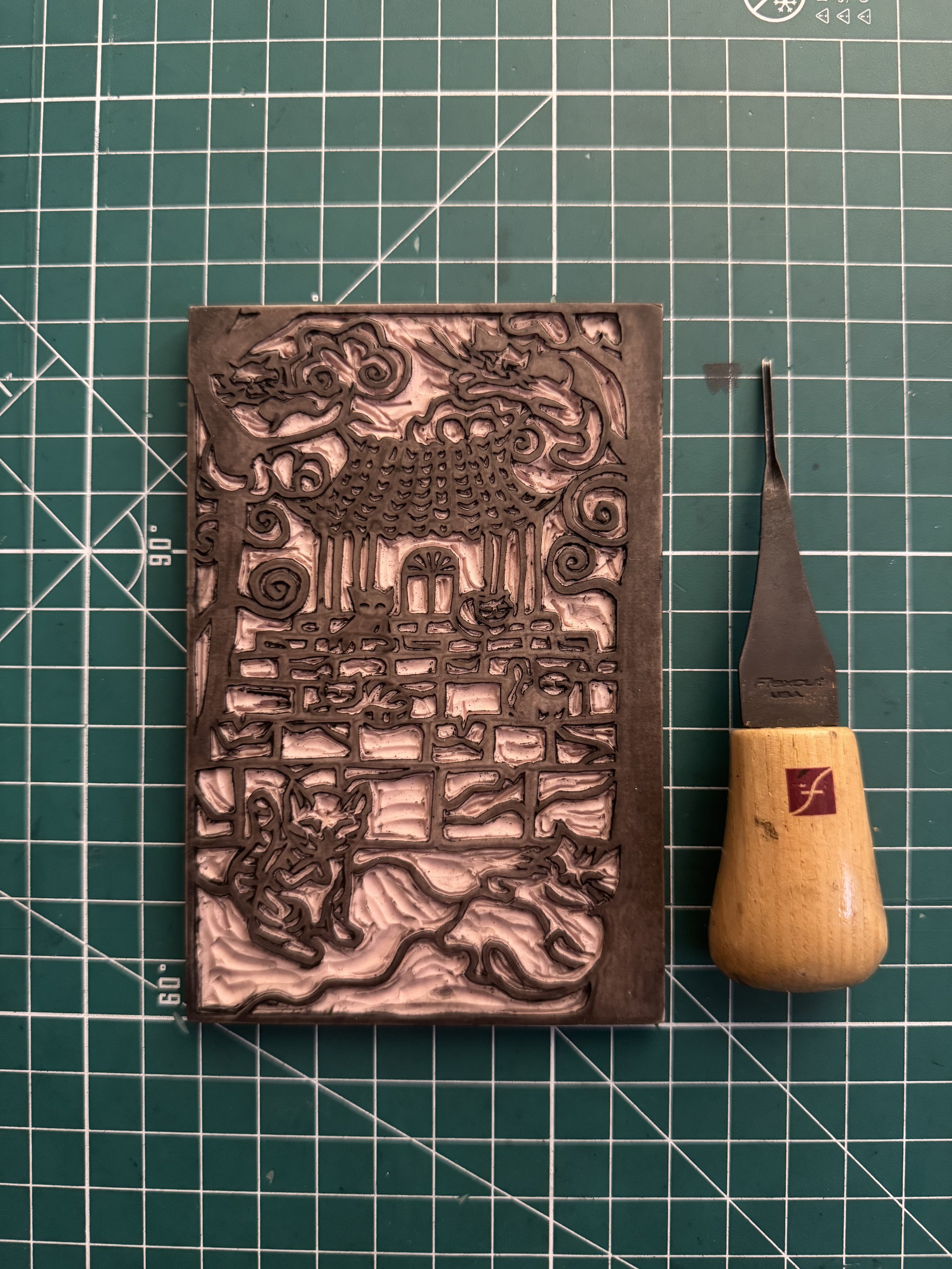 cat block print, cat linocut print, cat temple block print