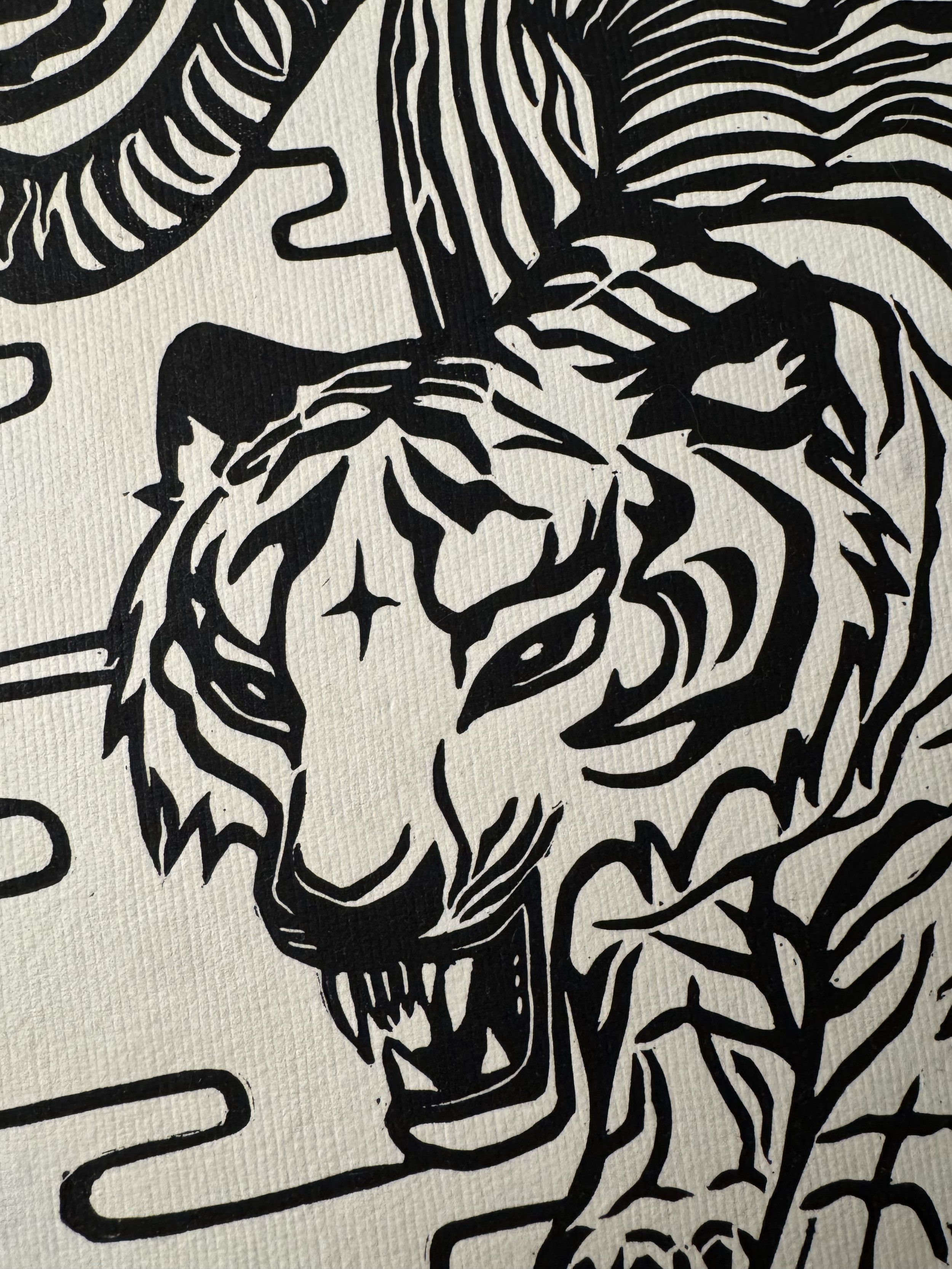 tiger block print, tiger linocut print, traditional chinese tiger