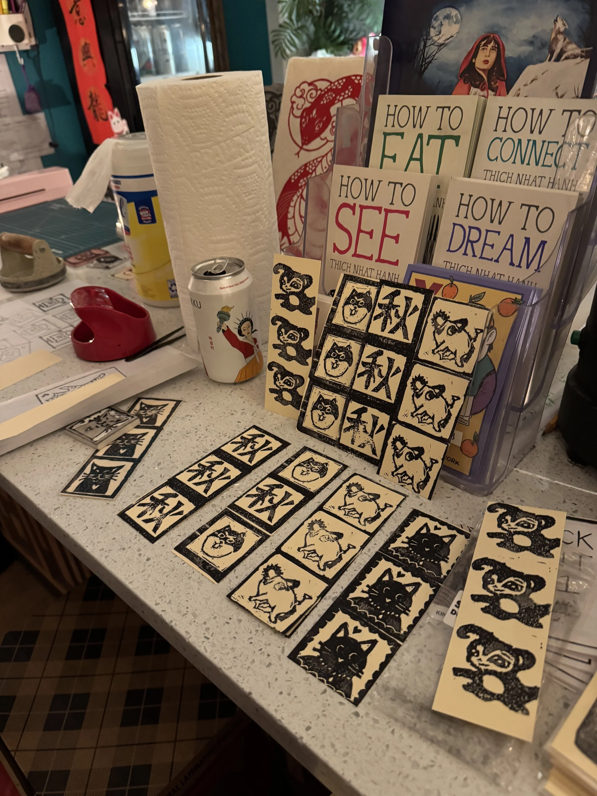 beginner's block print workshop at Yu & Me Books, handmade bookmarks