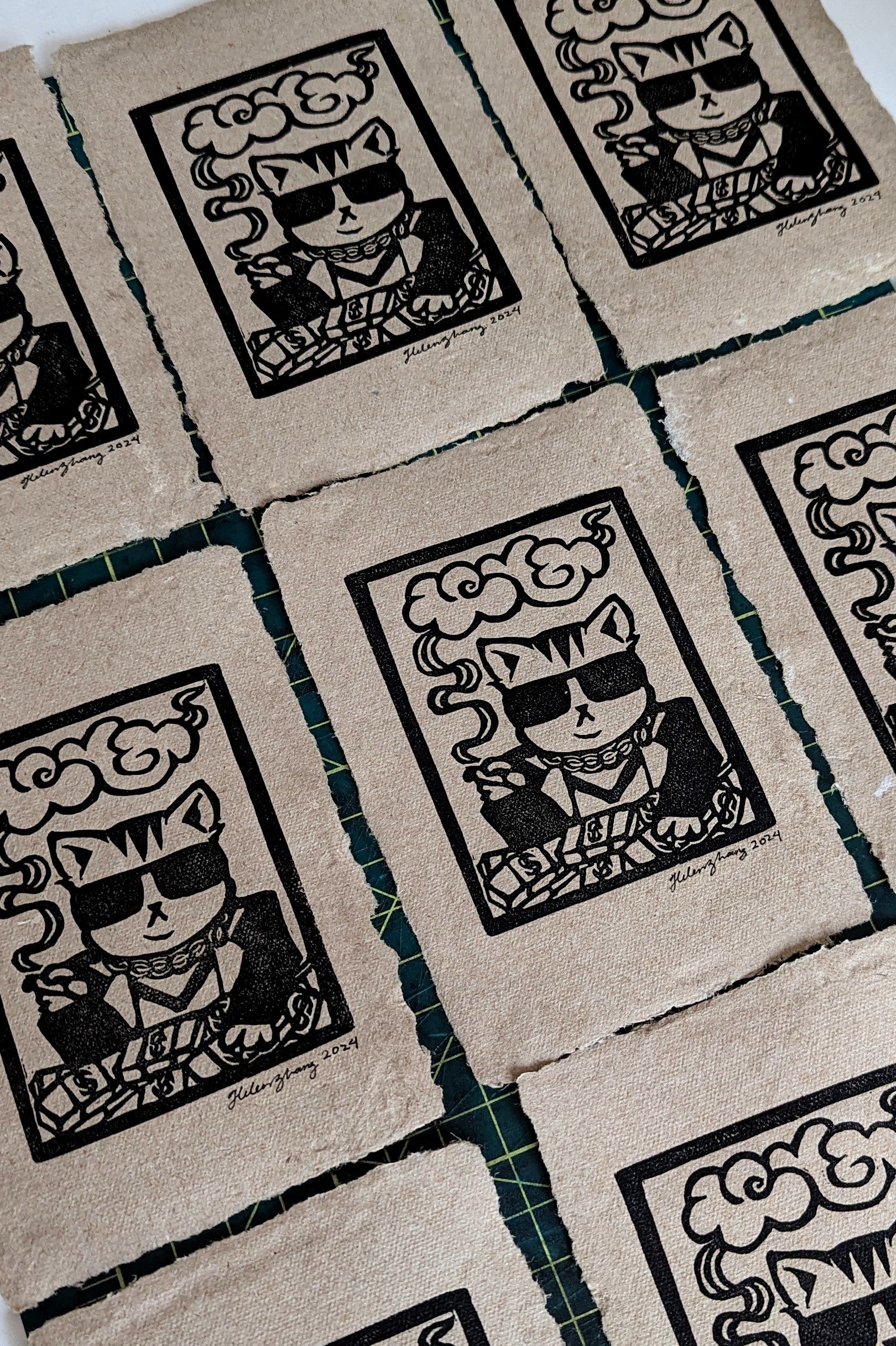 cat linocut print, cat block print, gangster smoking cat art