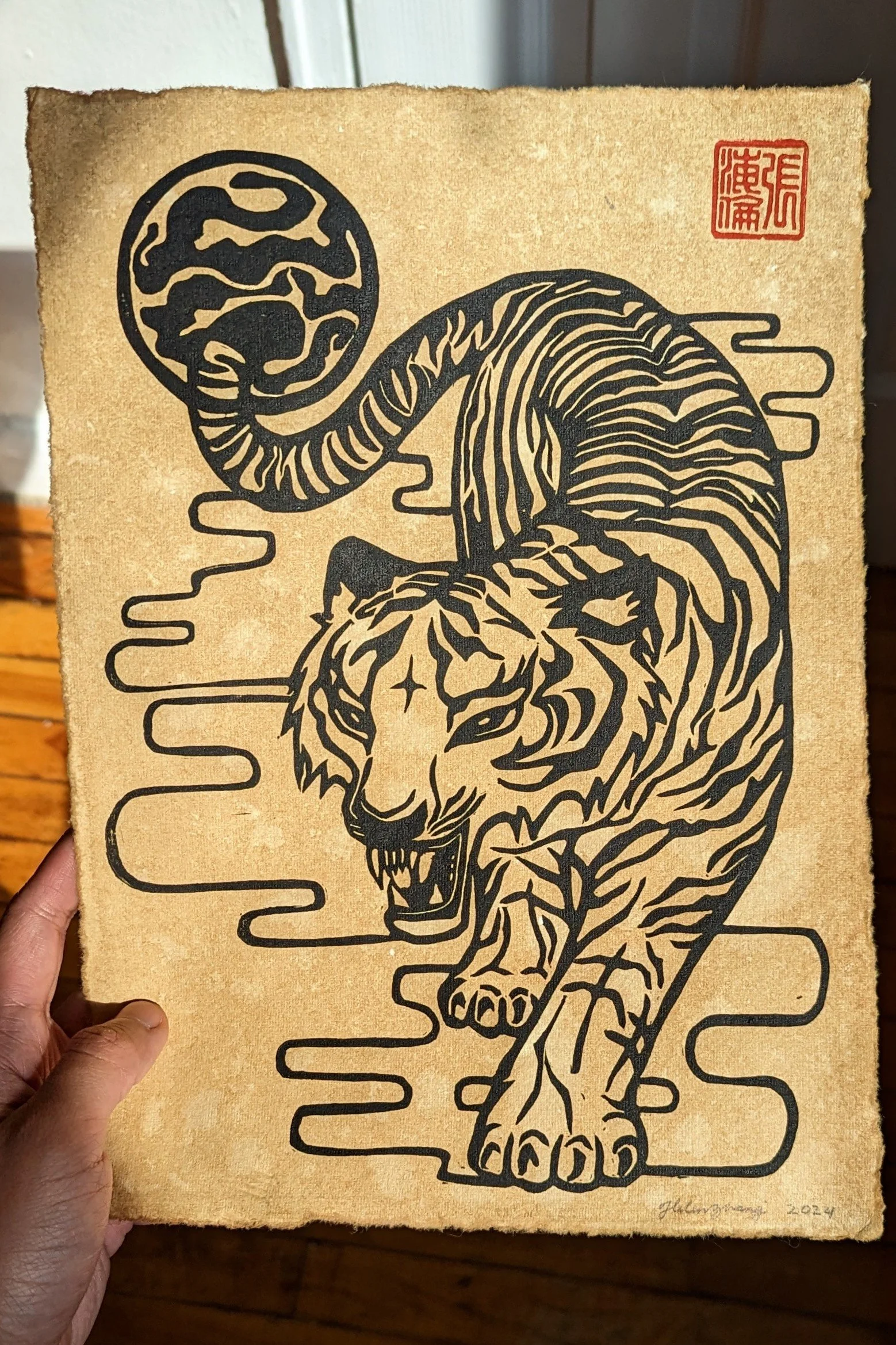 tiger block print, tiger linocut print, traditional chinese tiger