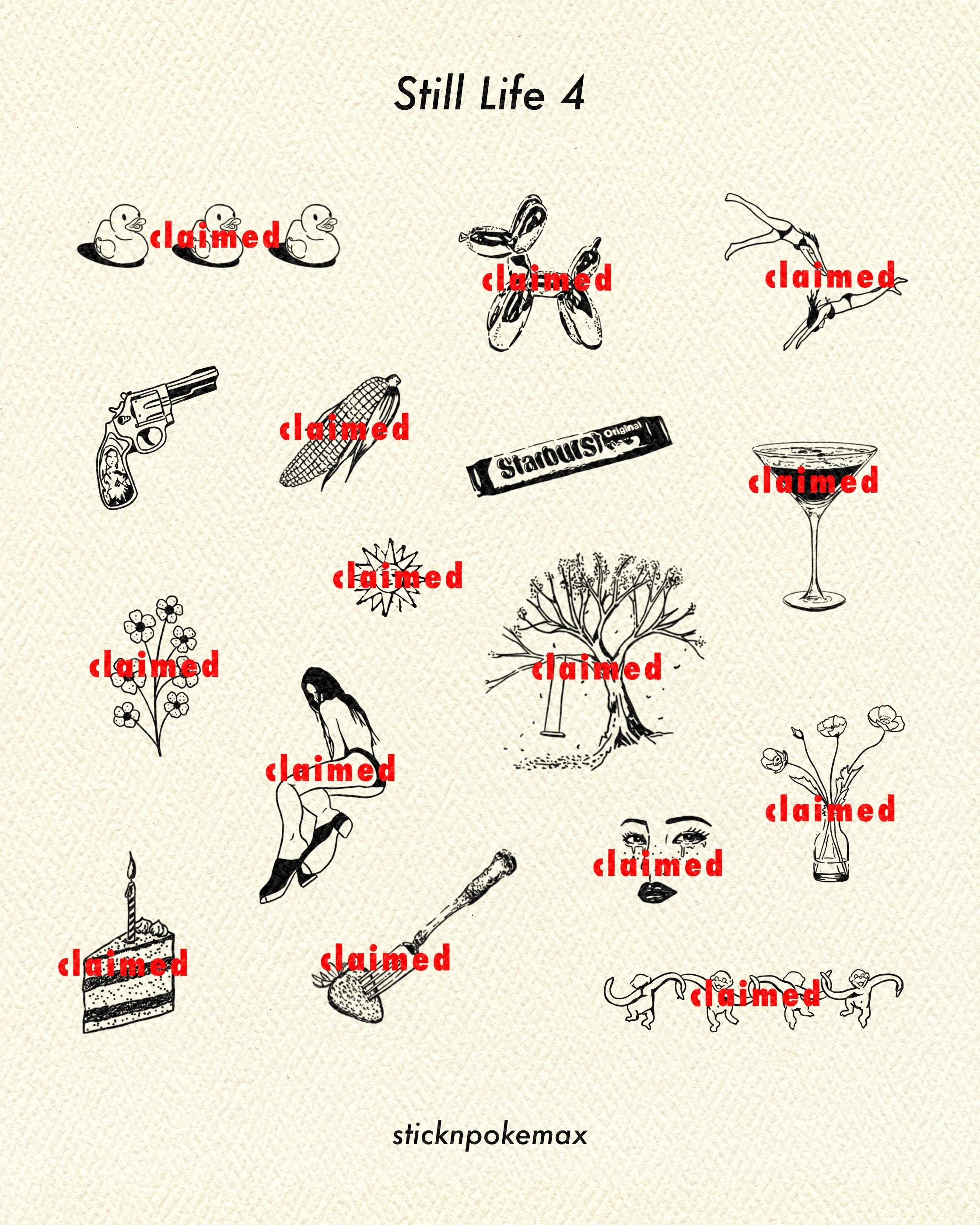 Collection of black and white sketches with the word 'claimed' in red across each, including images of rubber ducks, a crab, a woman doing yoga, a martini glass, flowers, a lit candle, a cake slice, a loaf of bread, a tiger, and a cat. Text 'Still Li