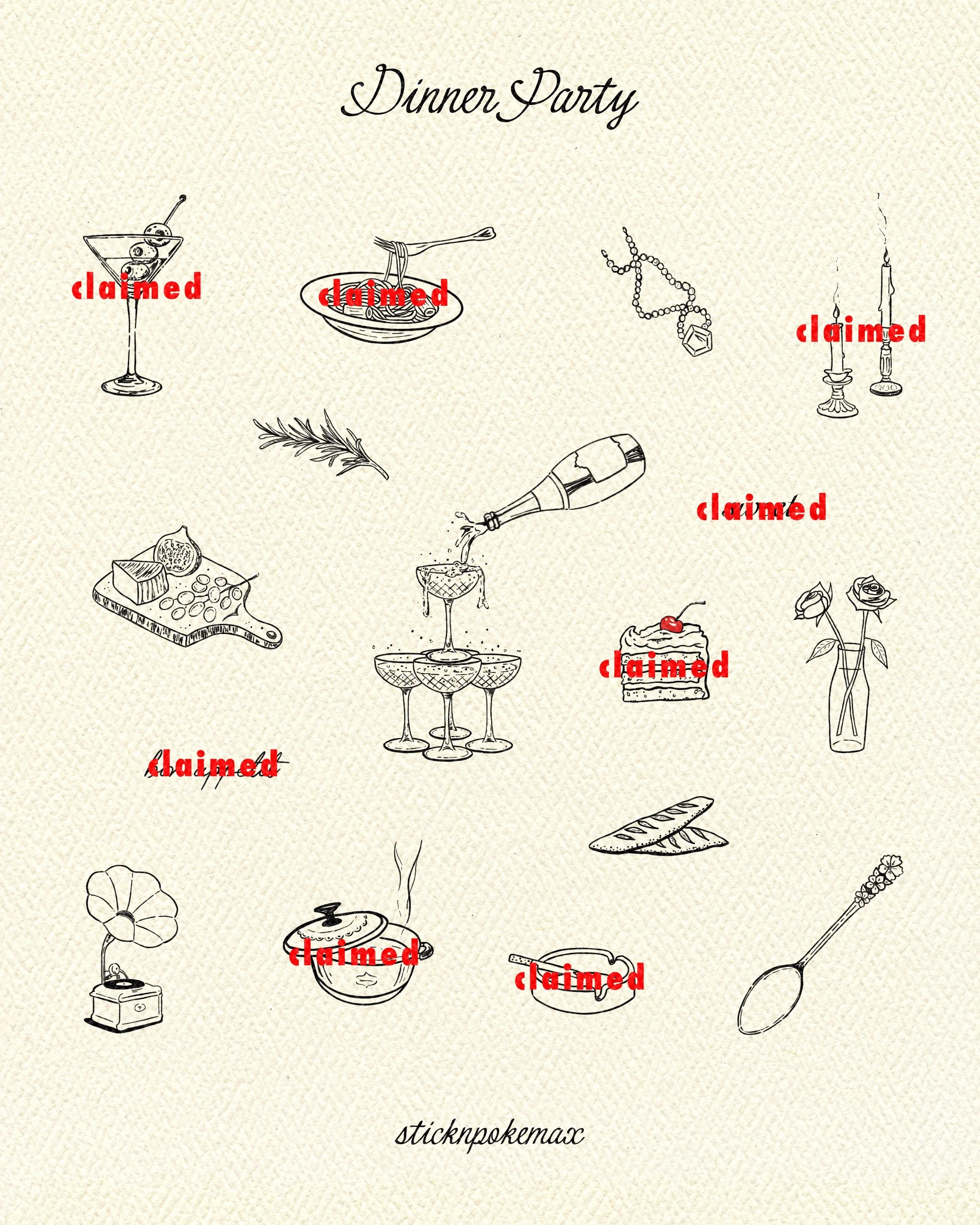 A collection of hand-drawn illustrations of various objects associated with dinner, food, and drinks, with the word 'claimed' in red over many items, and the text 'Dinner Party' at the top and 'sticknpokemax' at the bottom.