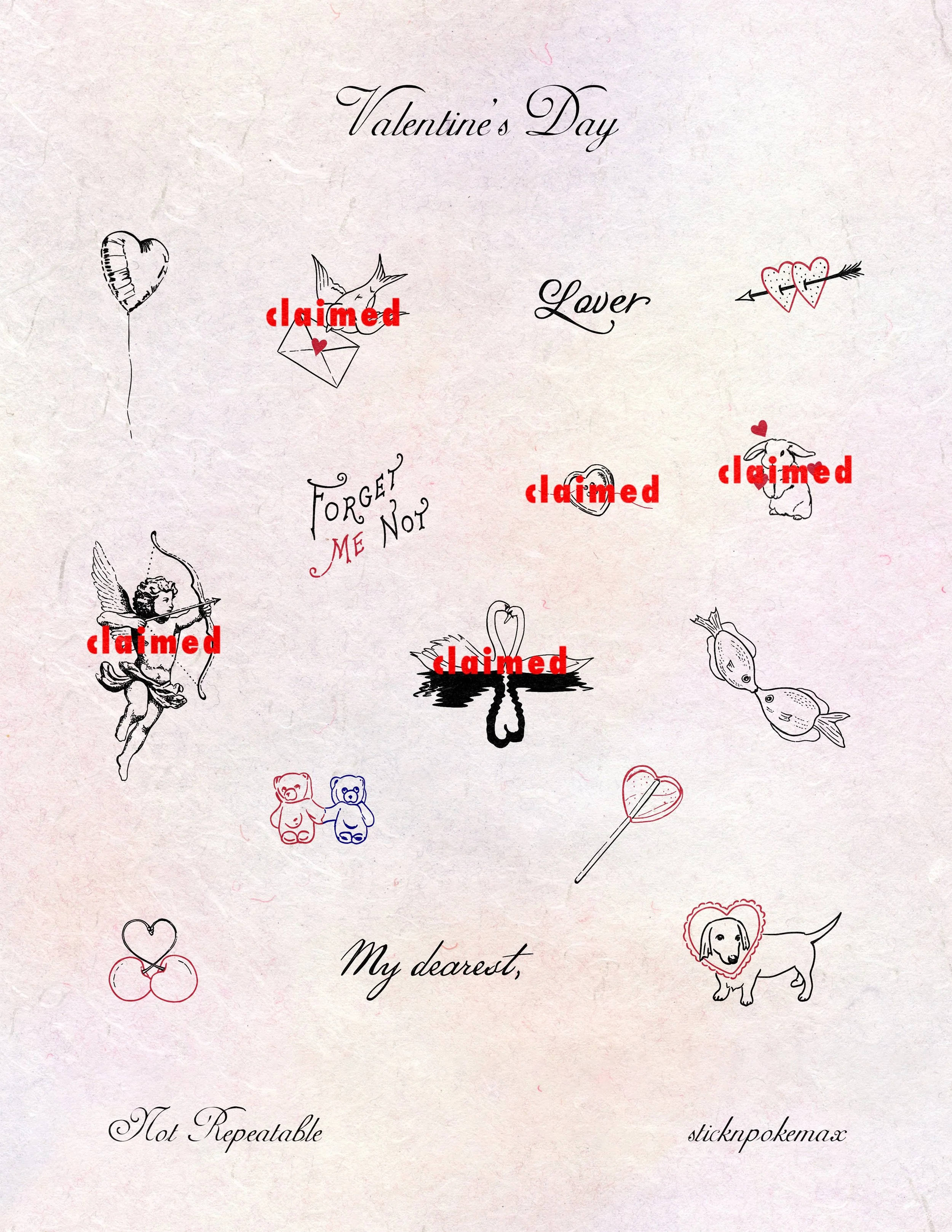 A Valentine's Day card with several doodles and the words 'Valentine's Day' at the top. The card includes illustrations of a balloon, a cupid, a bow and arrow, a bunny, a heart with arrows, a dog with a heart-shaped frame, and cherries. The words 'cl