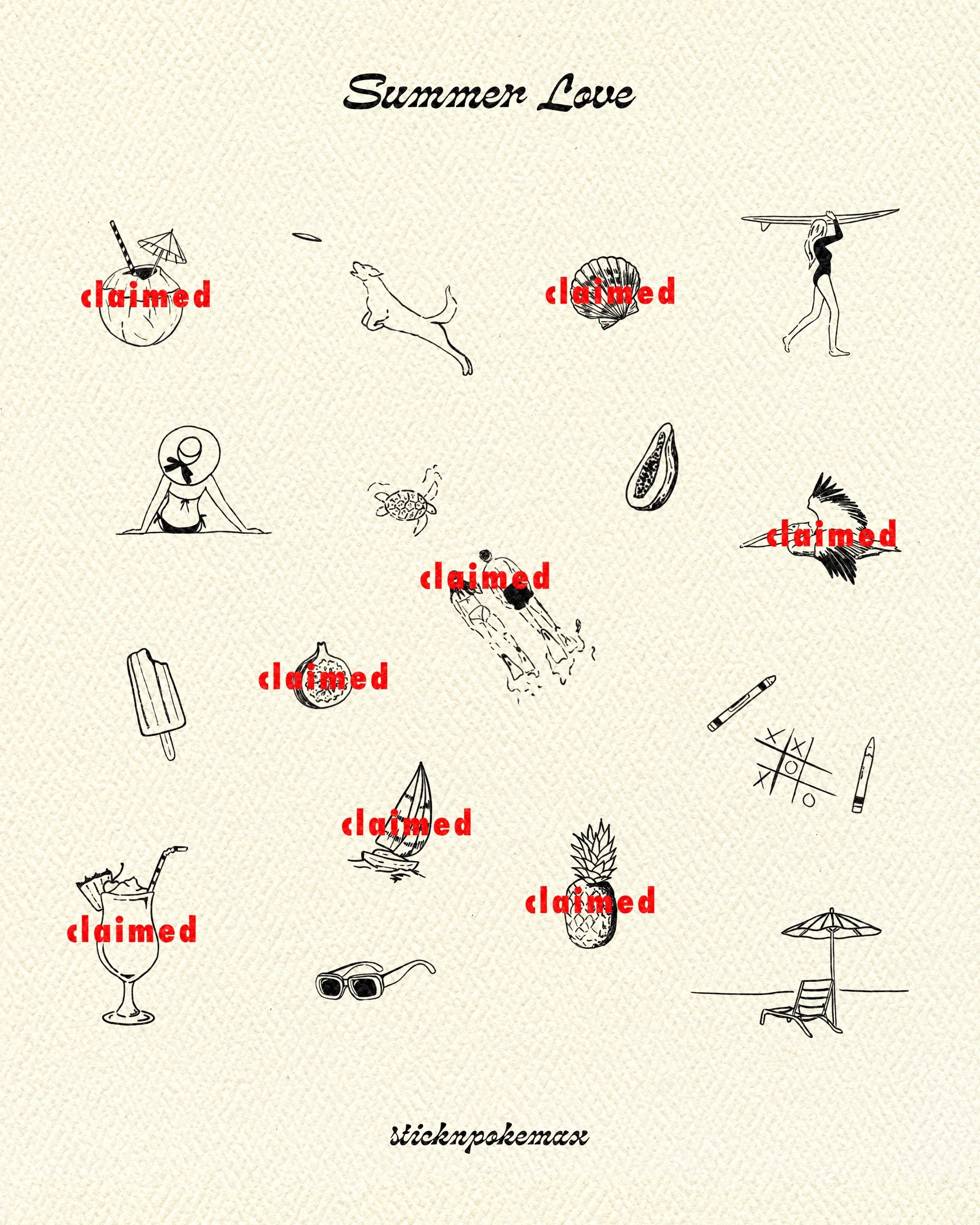 Illustration with summer-themed drawings such as a beach ball, a dog, a shell, a person with a surfboard, a woman in a swimsuit, a cocktail, sunglasses, pineapple, a beach umbrella, a chair, and a martini glass, with the words 'Summer Love' at the to