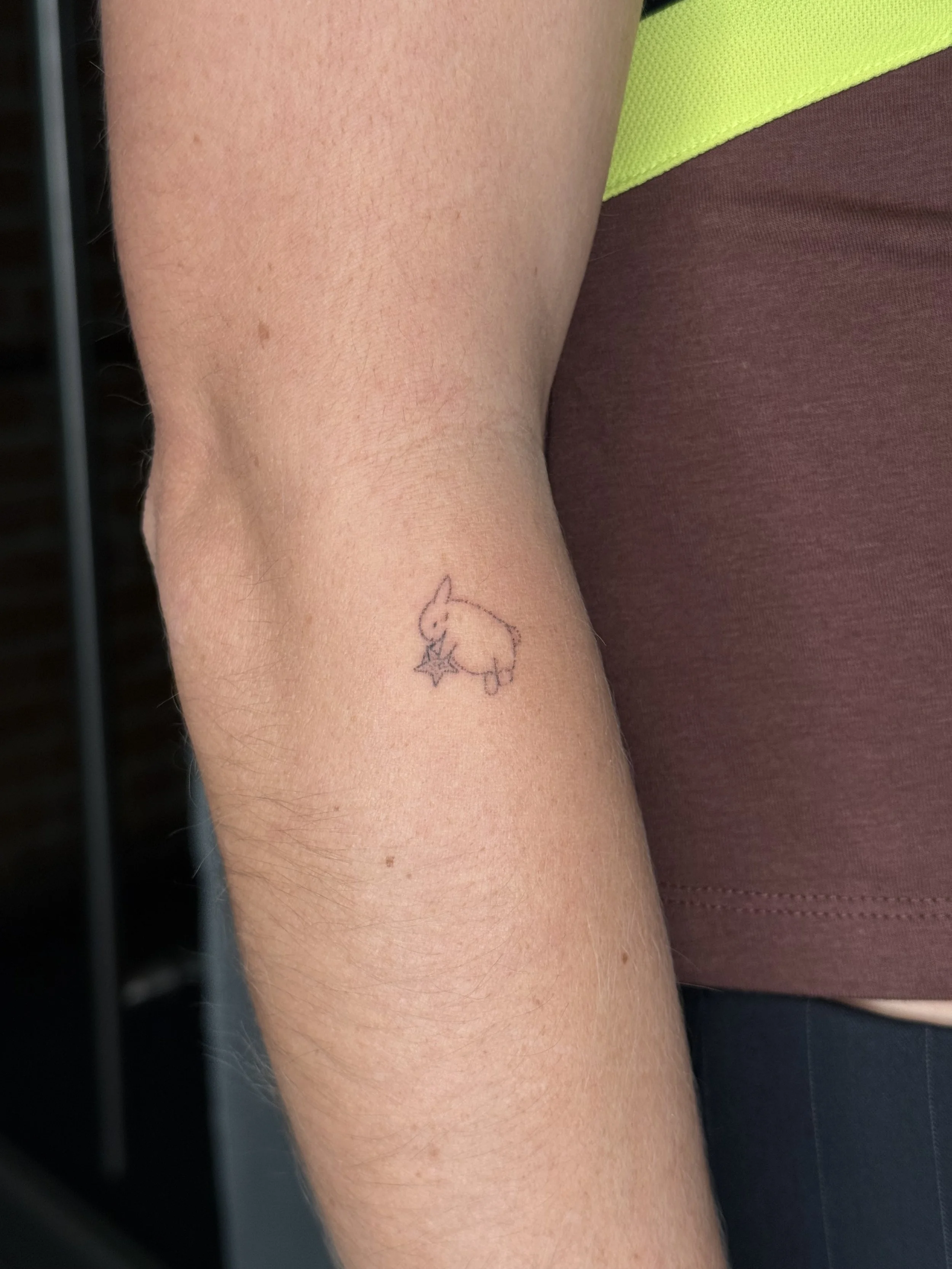 Close-up of a person's upper arm with a small tattoo of a fluffy animal holding a star.