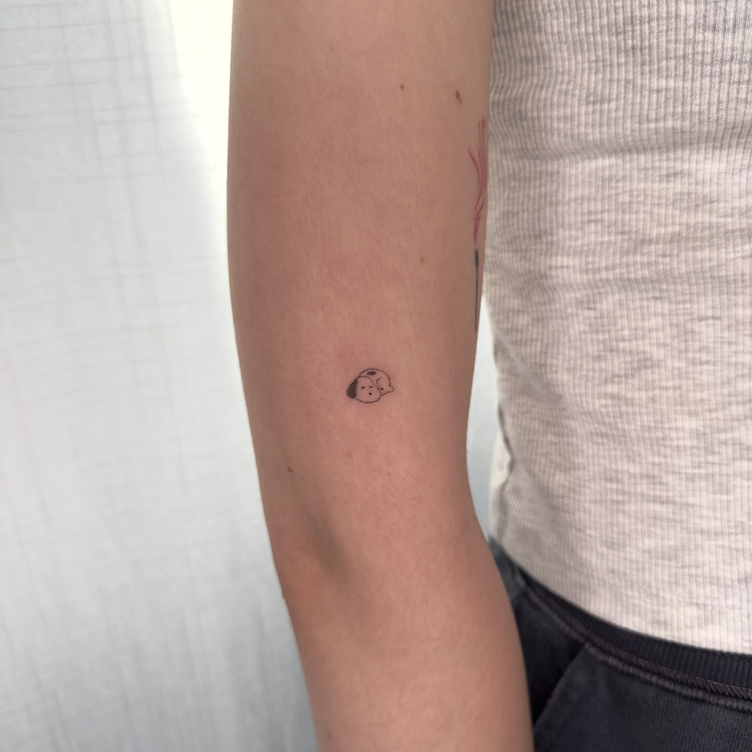 Close-up of a person's arm with a small tattoo of Snoopy.