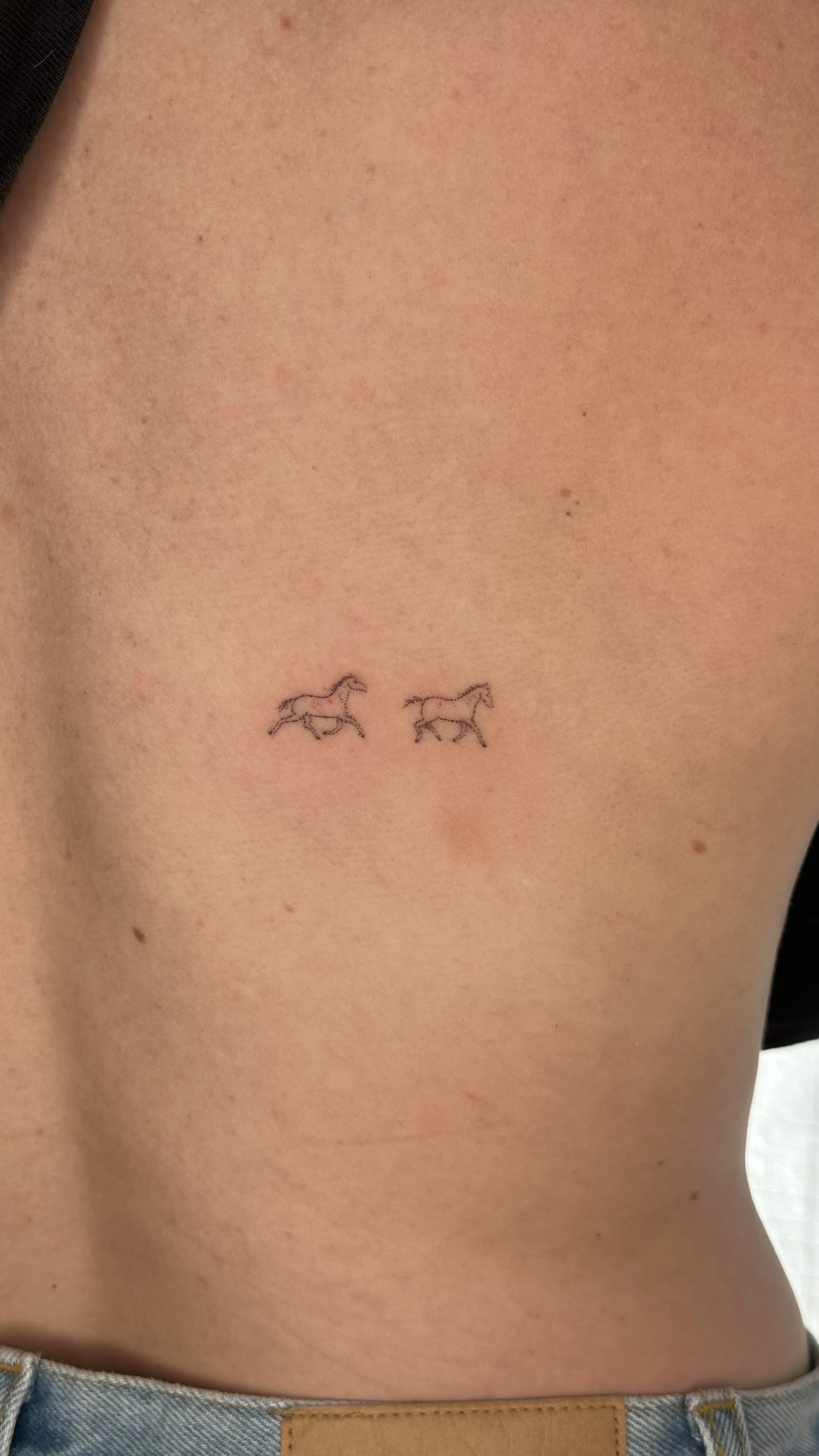 Close-up of a person's side torso featuring a small, minimalist tattoo of two horses.