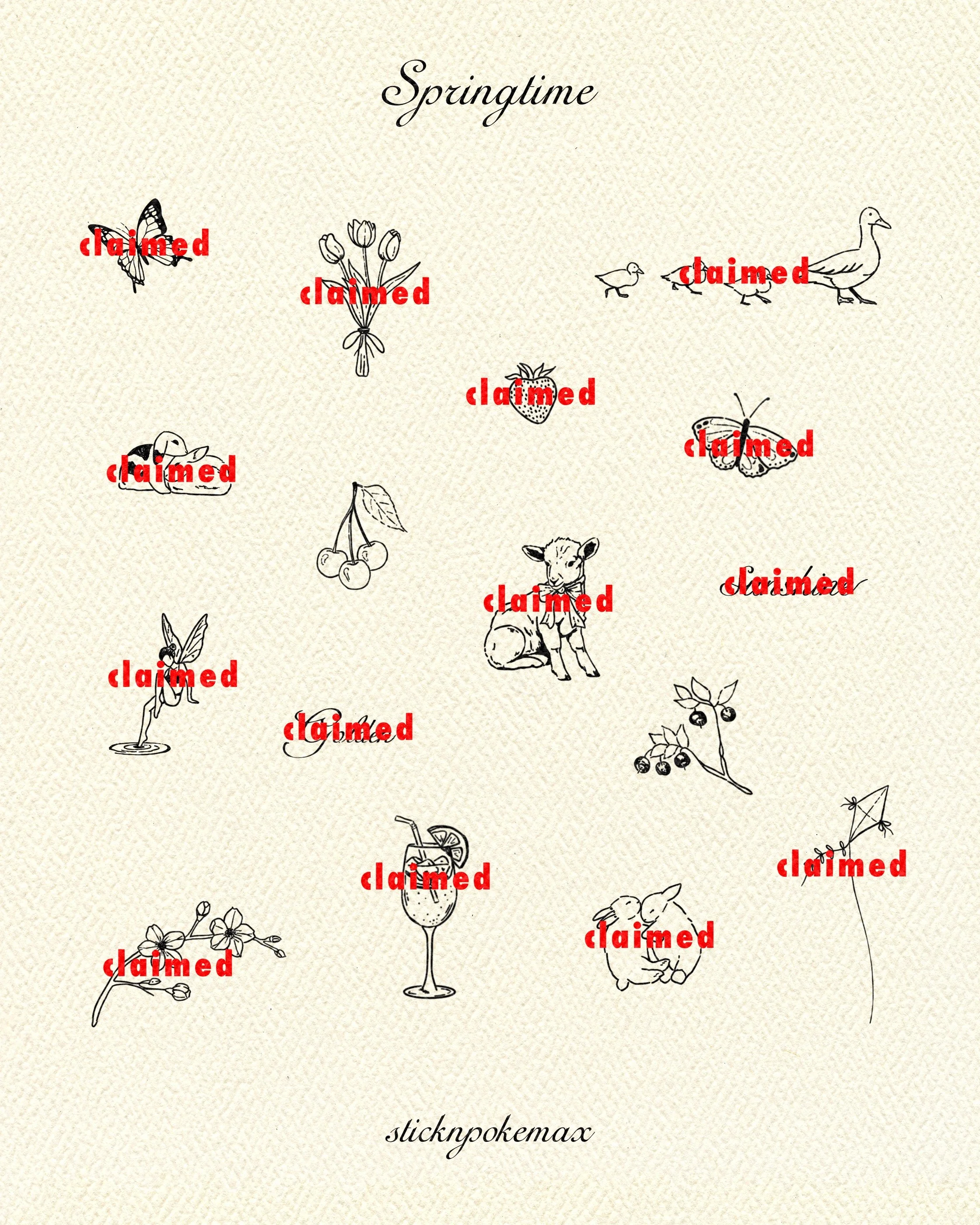 Illustration of spring-themed items including butterfly, flowers, strawberry, ducklings, cow, cherry branch, cocktail, and butterfly, with "claimed" labels superimposed.