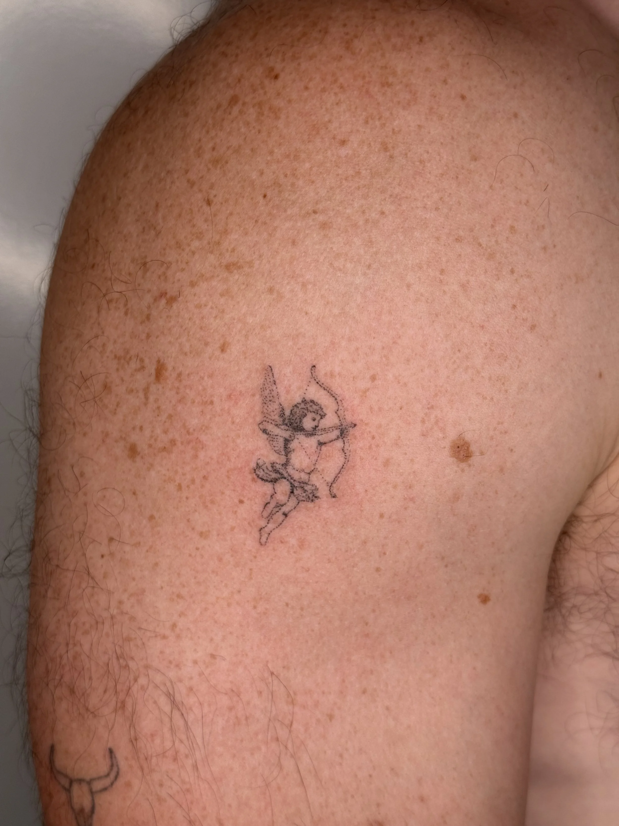 Close-up of a person's shoulder and upper arm with a tattoo of a fairy or angel holding a staff. The skin is freckled with light hair.
