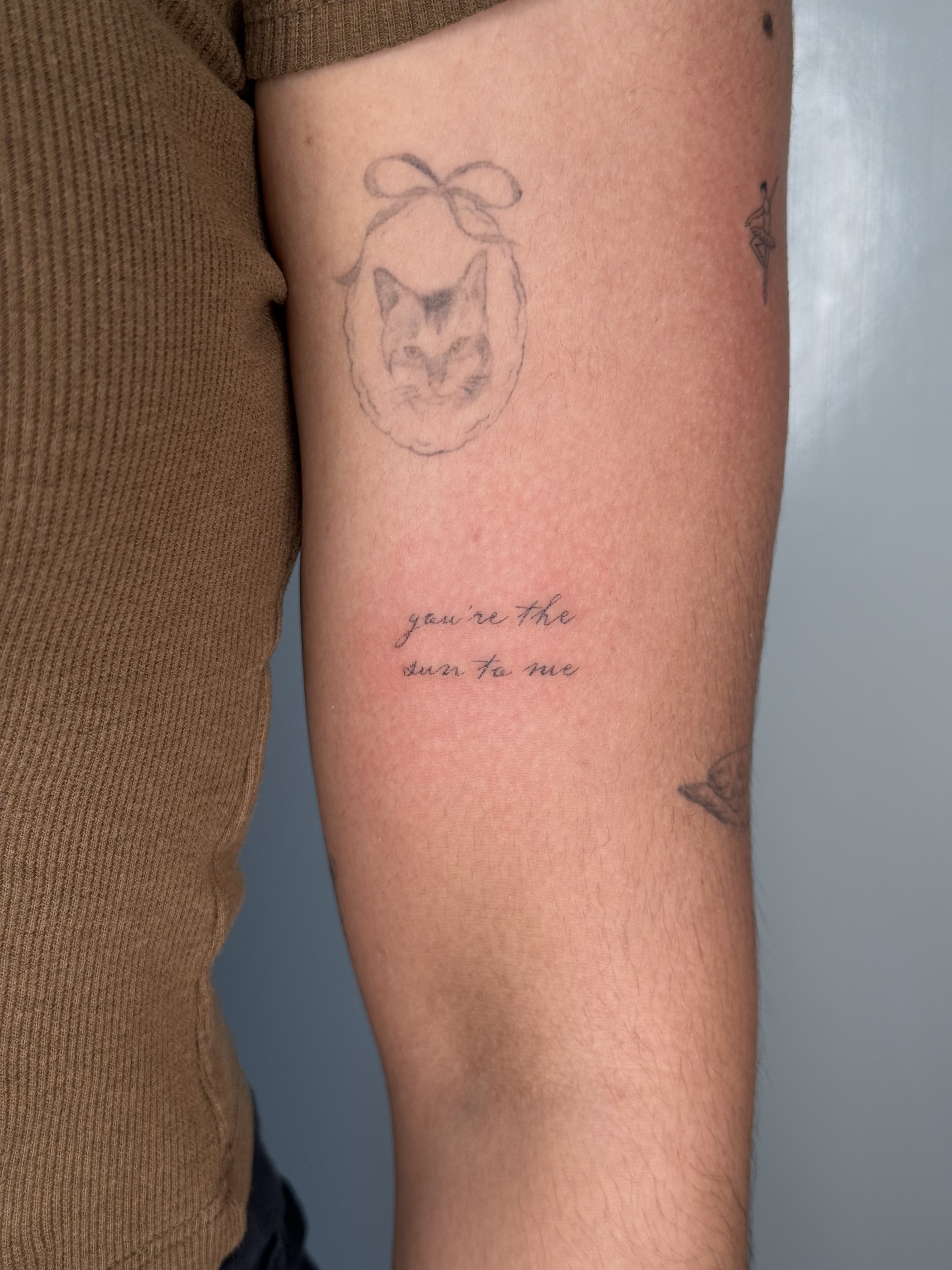 Close-up of a person's upper arm with a tattoo of a cat's face inside a circle, decorated with a bow above, and handwritten text below that reads 'you're the sun to me'.