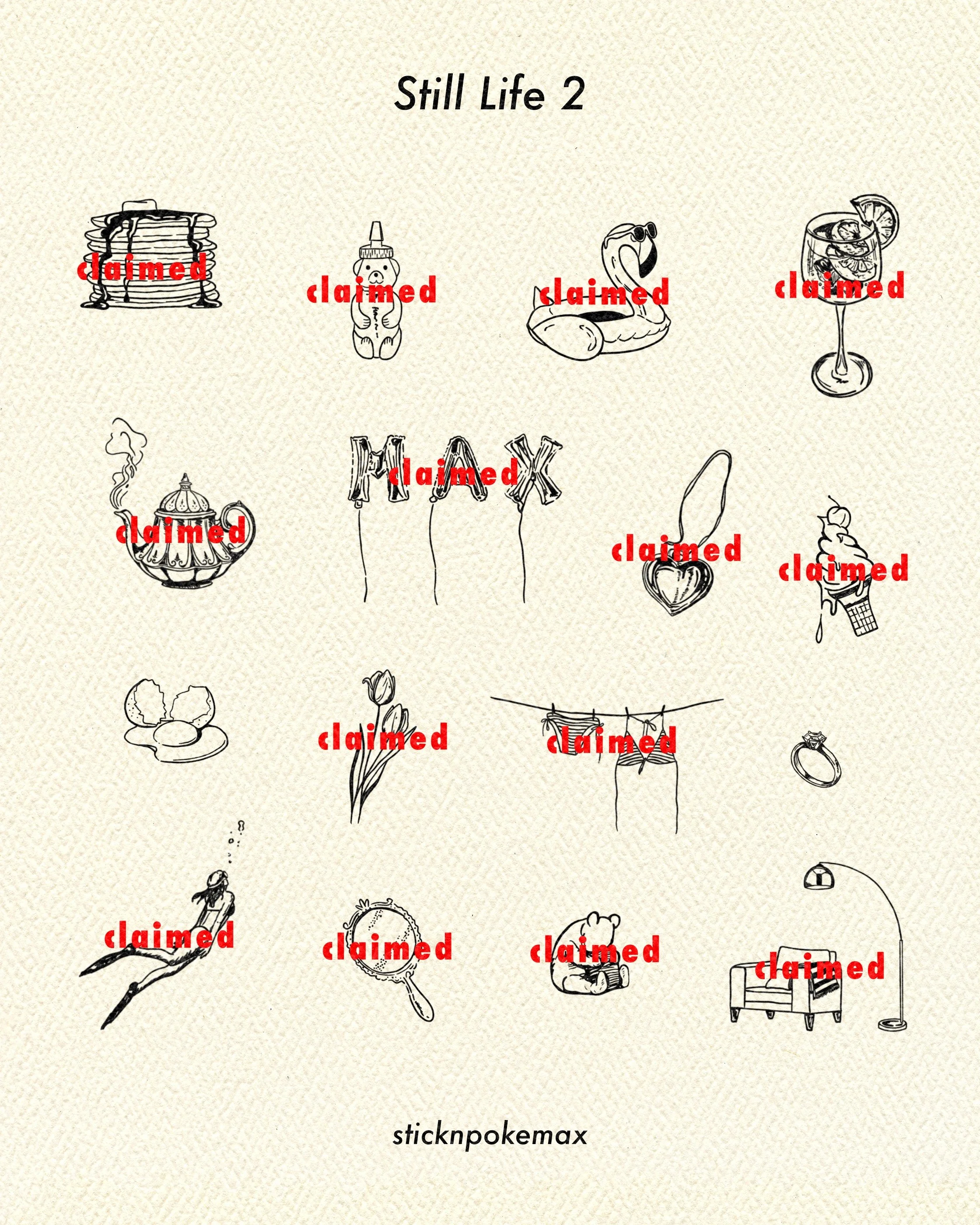 A collection of hand-drawn black and white illustrations of various objects, each with the word 'claimed' written across in red, overlaid on different items like a bundle of books, a teddy bear, a swan float, a wine glass with lemon slices, a carniva