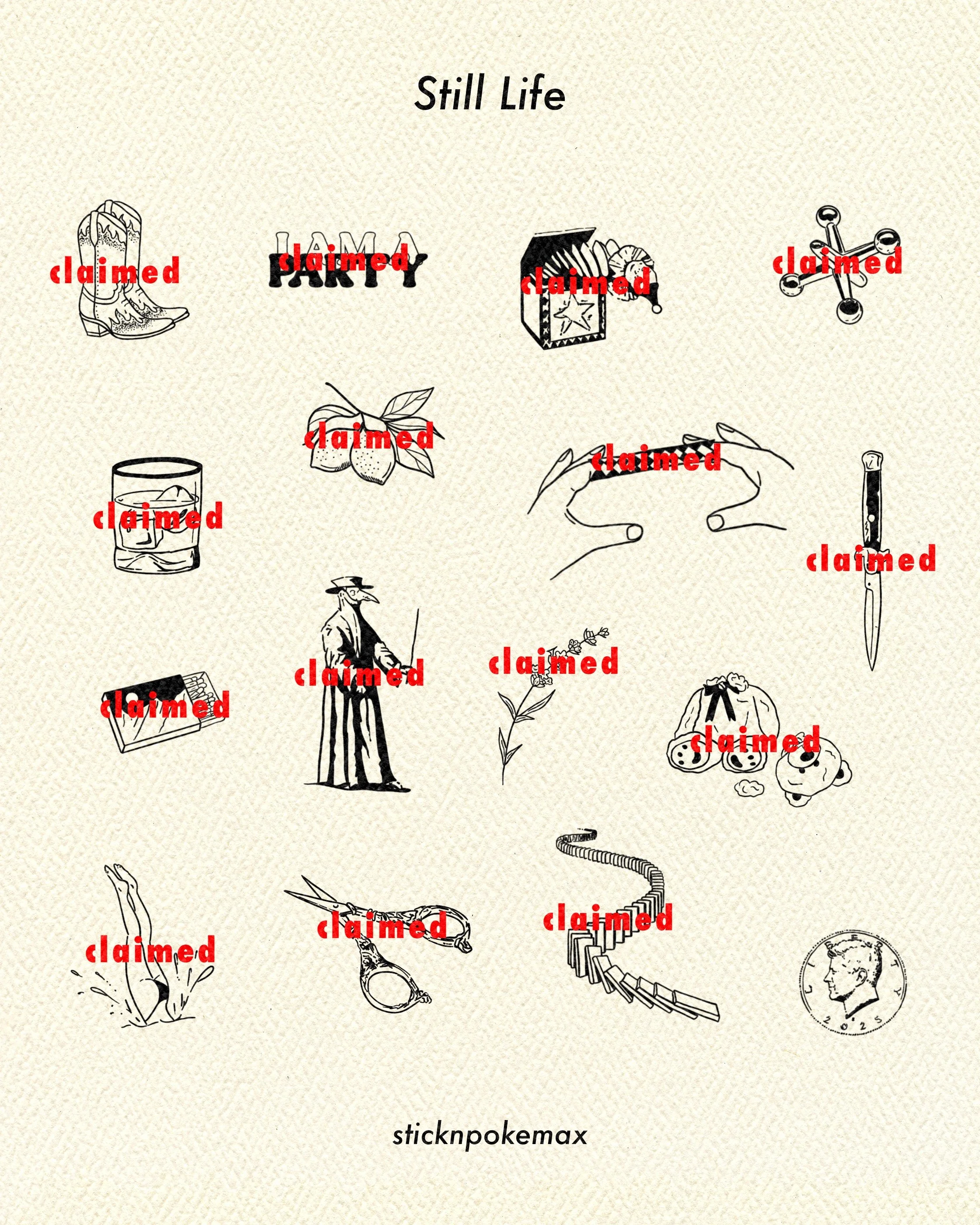 Collection of black-and-white line drawings of various objects and characters with the word "claimed" written in red across each image, including a cowboy boot, a gaming controller, a box of matches, a molecule, a glass of whiskey, a branch with leav