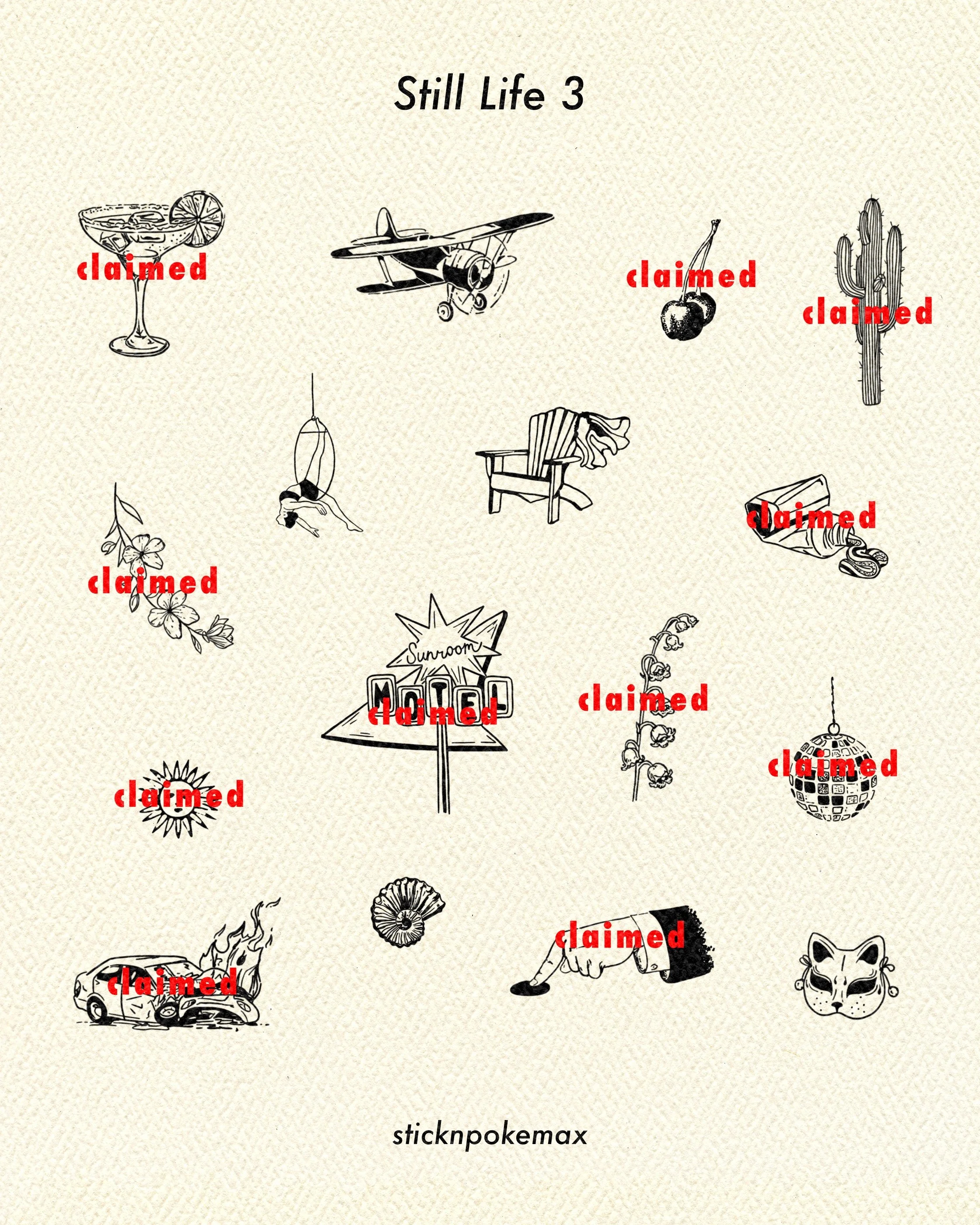 Collection of black and white illustrations featuring various objects and characters, with the word 'claimed' in red text over some of them, and the text 'Still Life 3' at the top and 'sticknpokemax' at the bottom.