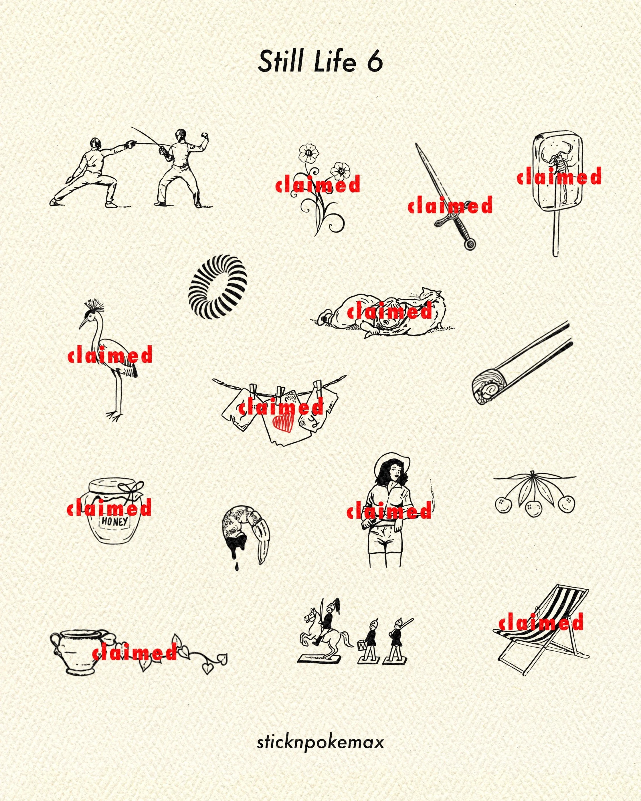 A collage of various black and white illustrations of people and objects, with several red 'claimed' stickers over some of the images, including two people fencing, a flower, a lady lying down, a peacock, a jar of honey, a person ice skating, and a g