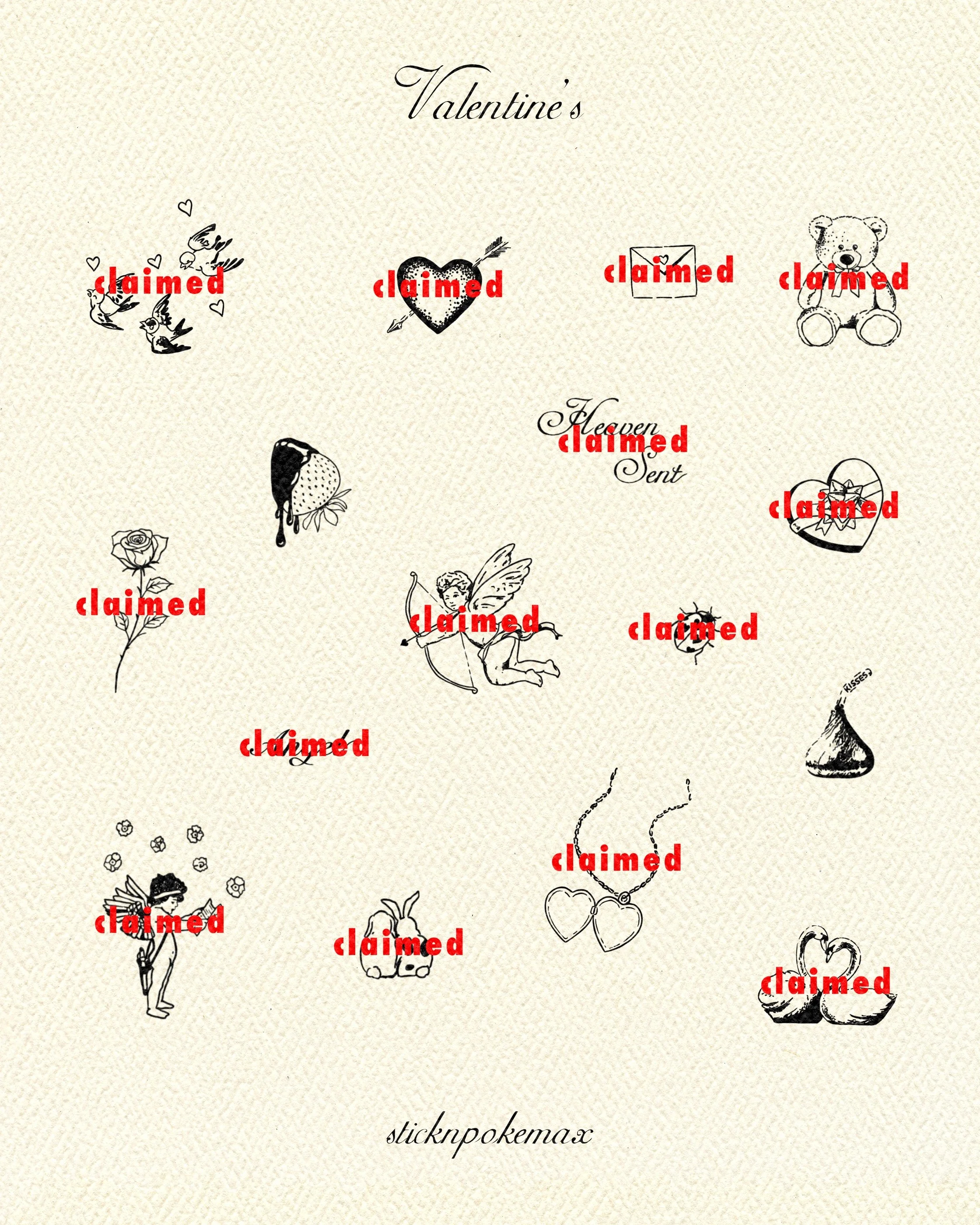 Several black and white illustrations of various characters and objects related to love, Valentine’s Day, and romantic themes, with some overlaid by red text that says 'claimed'.
