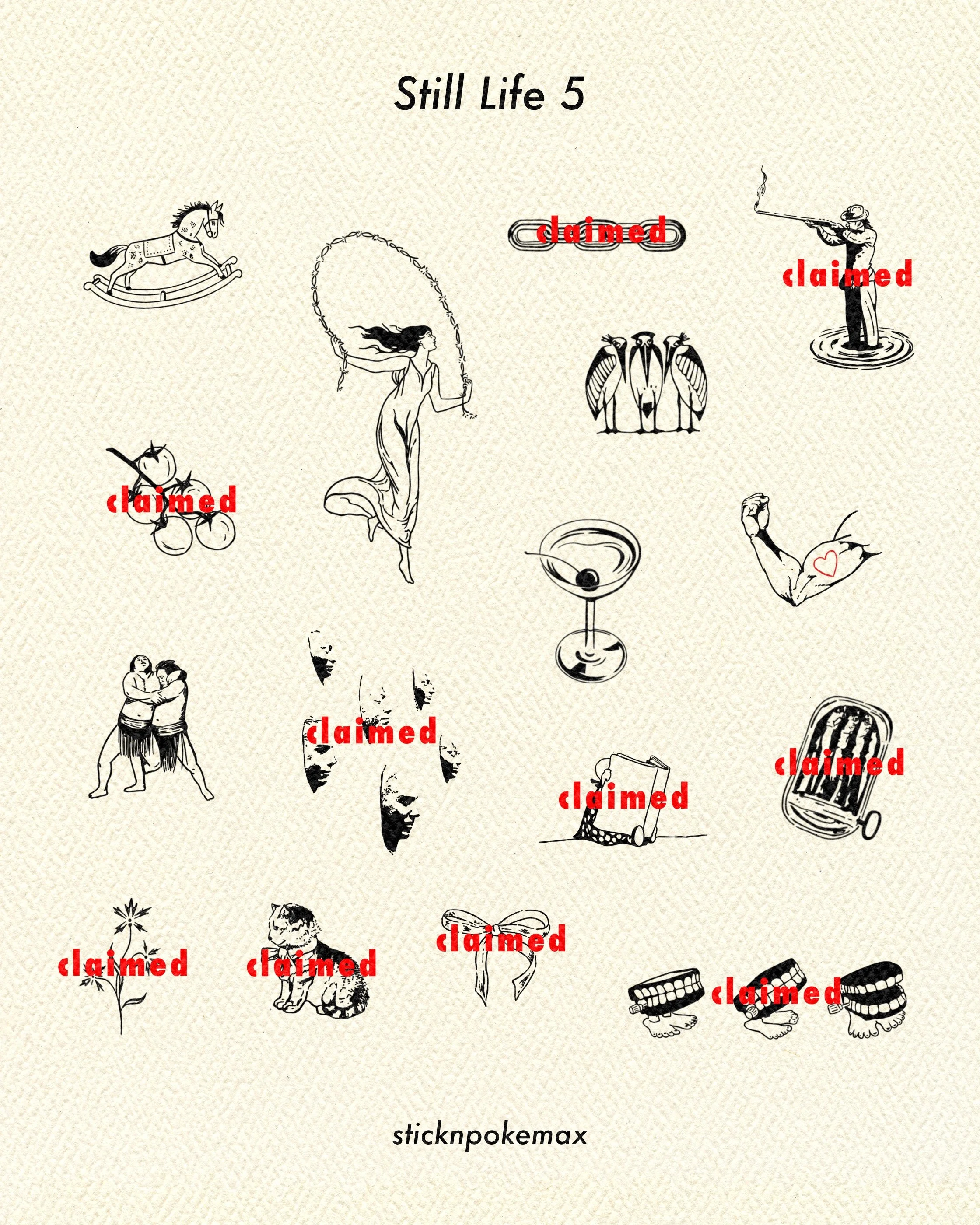 A black and white illustration with various objects and characters, including a rocking horse, a woman jumping rope, a group of pelicans, a man fishing, a muscular arm with a heart tattoo, a plant, a lion, a bee, a jar of peanut butter, a pair of sun