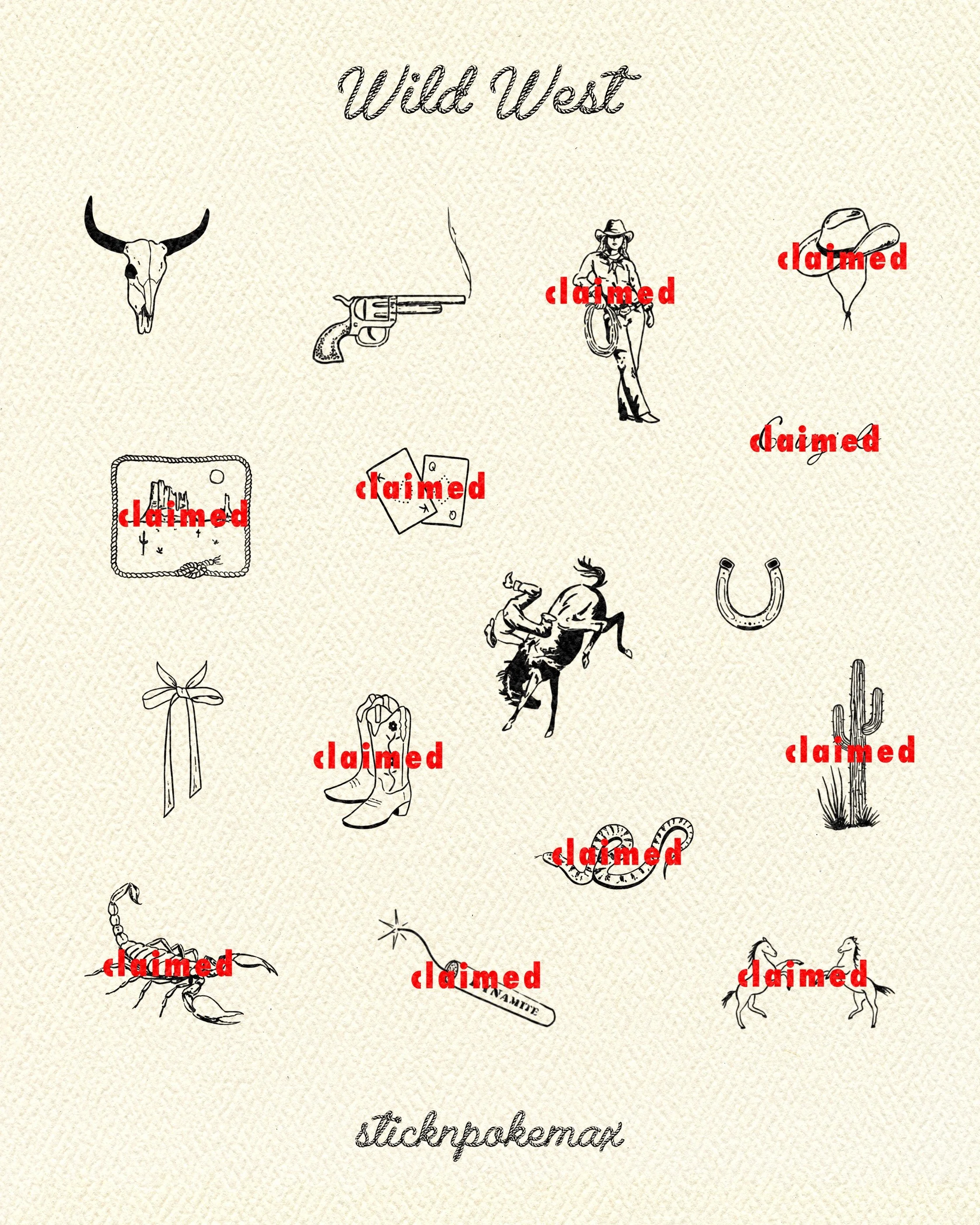 Collection of black and white illustrations with the title 'Wild West' at the top. The images include a bull skull, a smoking revolver, a woman in a cowboy hat and boots, balloons, a cowboy hat, a playing card, a rattlesnake, a horseshoe, a cactus, a
