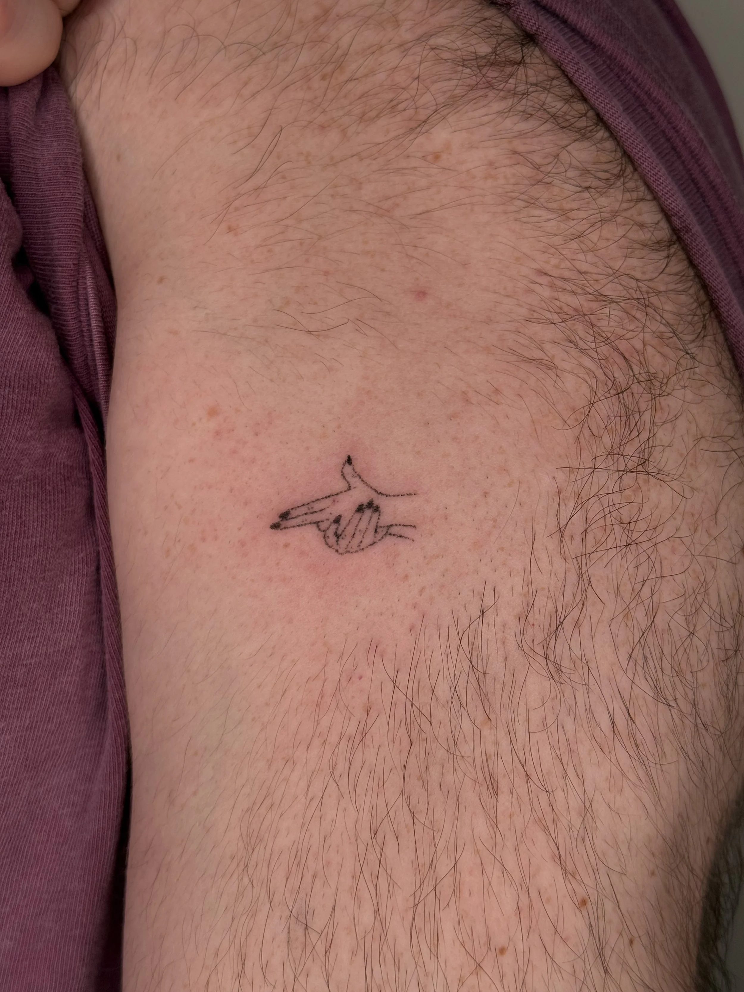 Close-up of a person's upper chest with a small tattoo of an angel and star, along with some body hair and freckles.