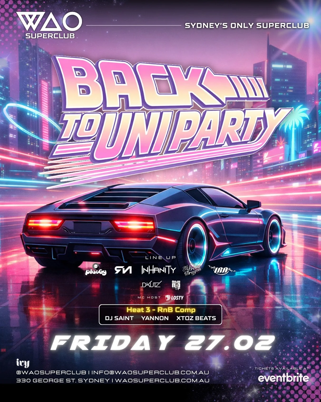 🎓 𝗕𝗔𝗖𝗞 𝗧𝗢 𝗨𝗡𝗜 𝗣𝗔𝗥𝗧𝗬 @ 𝗪𝗔𝗢 𝗦𝗨𝗣𝗘𝗥𝗖𝗟𝗨𝗕 🎓

Sydney&rsquo;s 𝗕𝗜𝗚𝗚𝗘𝗦𝗧 Back to Uni party is landing this 𝗙𝗥𝗜 𝟮𝟳 𝗙𝗘𝗕 at Sydney&rsquo;s only Superclub 💠

If you scored a 🎟 Uni-Ticket during O-Week at University of Sy