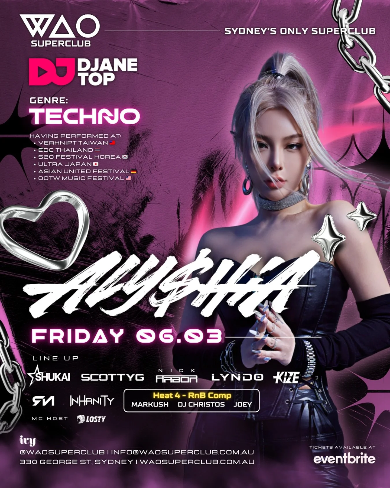 👾 𝗔𝗟𝗬$𝗛𝗜𝗔 𝗗𝗘𝗕𝗨𝗧 𝗔𝗧 𝗪𝗔𝗢 𝗦𝗨𝗣𝗘𝗥𝗖𝗟𝗨𝗕 👾

WAO Superclub proudly welcomes Taiwan&rsquo;s powerhouse DJ 𝗔𝗟𝗬$𝗛𝗜𝗔 this 𝗙𝗥𝗜, 𝟲 𝗠𝗔𝗥 🇦🇺

With over 𝟯𝟬𝟬𝗞 loyal fans worldwide, ALY$HIA has shared stages with global icons