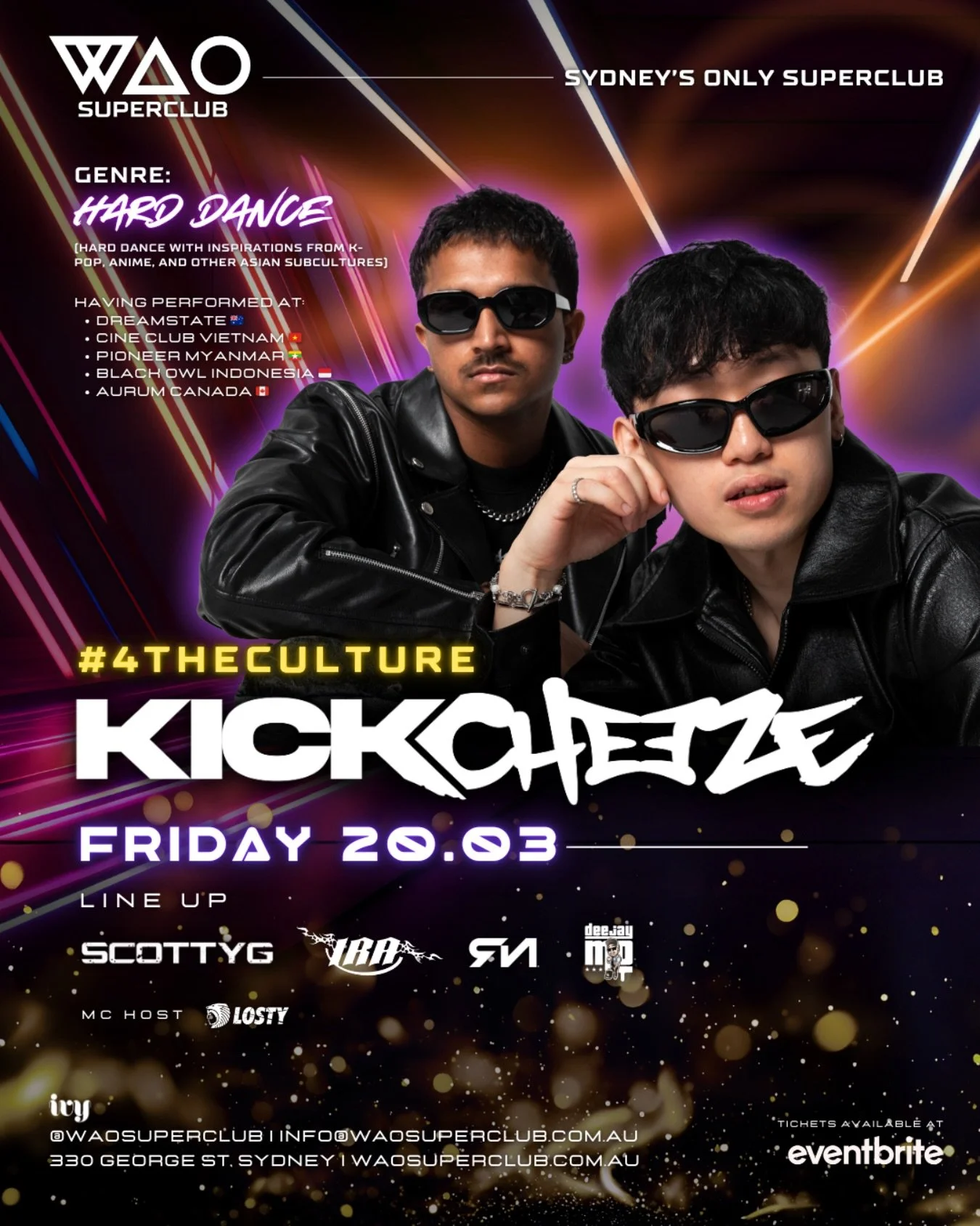 🧀 𝗞𝗜𝗖𝗞𝗖𝗛𝗘𝗘𝗭𝗘 𝗟𝗜𝗩𝗘 𝗔𝗧 𝗪𝗔𝗢 𝗦𝗨𝗣𝗘𝗥𝗖𝗟𝗨𝗕 🧀

WAO Superclub welcomes Melbourne&rsquo;s boundary-pushing duo KICKCHEEZE on 𝗙𝗥𝗜, 𝟮𝟬 𝗠𝗔𝗥𝗖𝗛 💥

Shaking up the Hard Dance scene with their viral #4THECULTURE movement, KICKCH