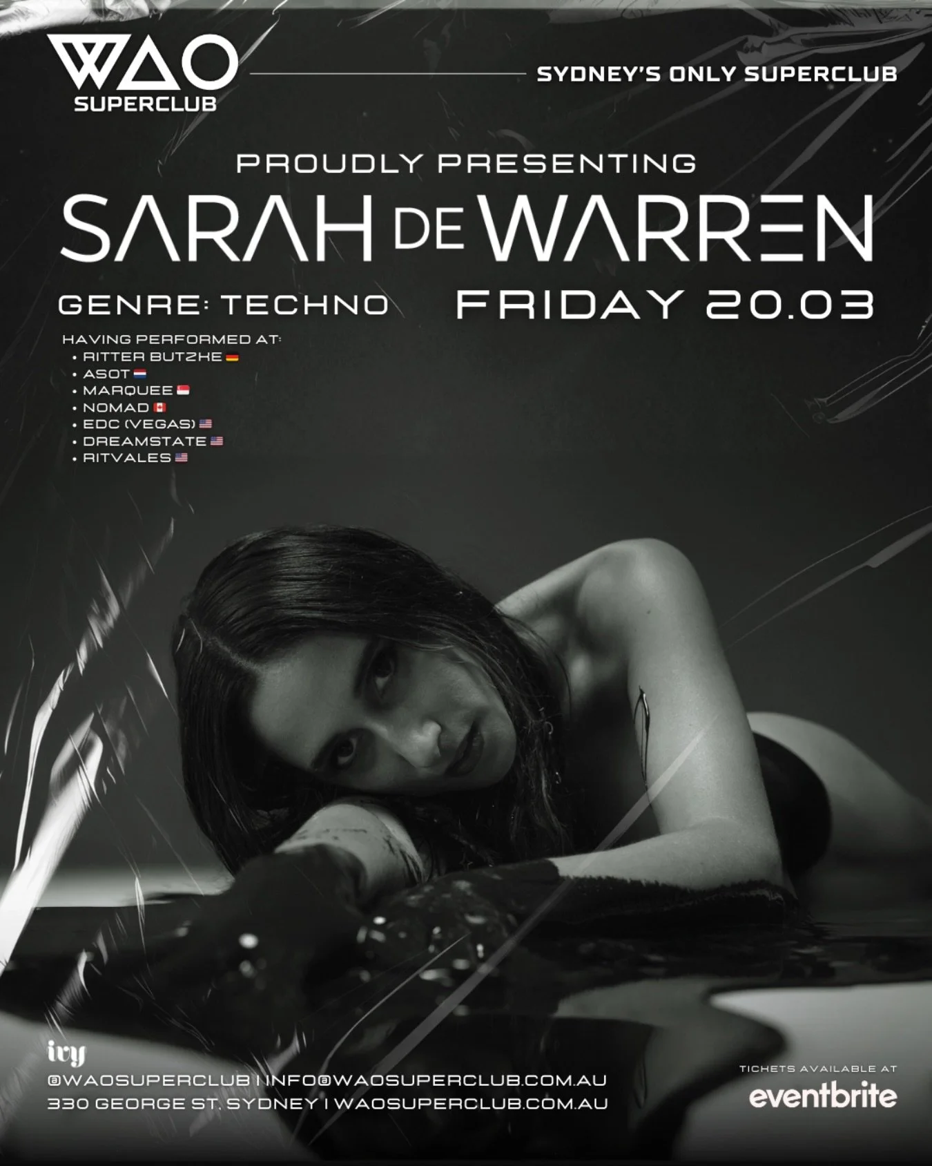 🖤 𝗔𝗡𝗡𝗢𝗨𝗡𝗖𝗜𝗡𝗚 𝗢𝗨𝗥 𝗜𝗡𝗧𝗘𝗥𝗡𝗔𝗧𝗜𝗢𝗡𝗔𝗟 𝗛𝗘𝗔𝗗𝗟𝗜𝗡𝗘𝗥 - 𝗦𝗔𝗥𝗔𝗛 𝗗𝗘 𝗪𝗔𝗥𝗥𝗘𝗡 🖤

WAO Superclub proudly welcomes the iconic techno/trance powerhouse Sarah de Warren on 𝗙𝗥𝗜, 𝟮𝟬 𝗠𝗔𝗥!

As the unmistakable voice behi