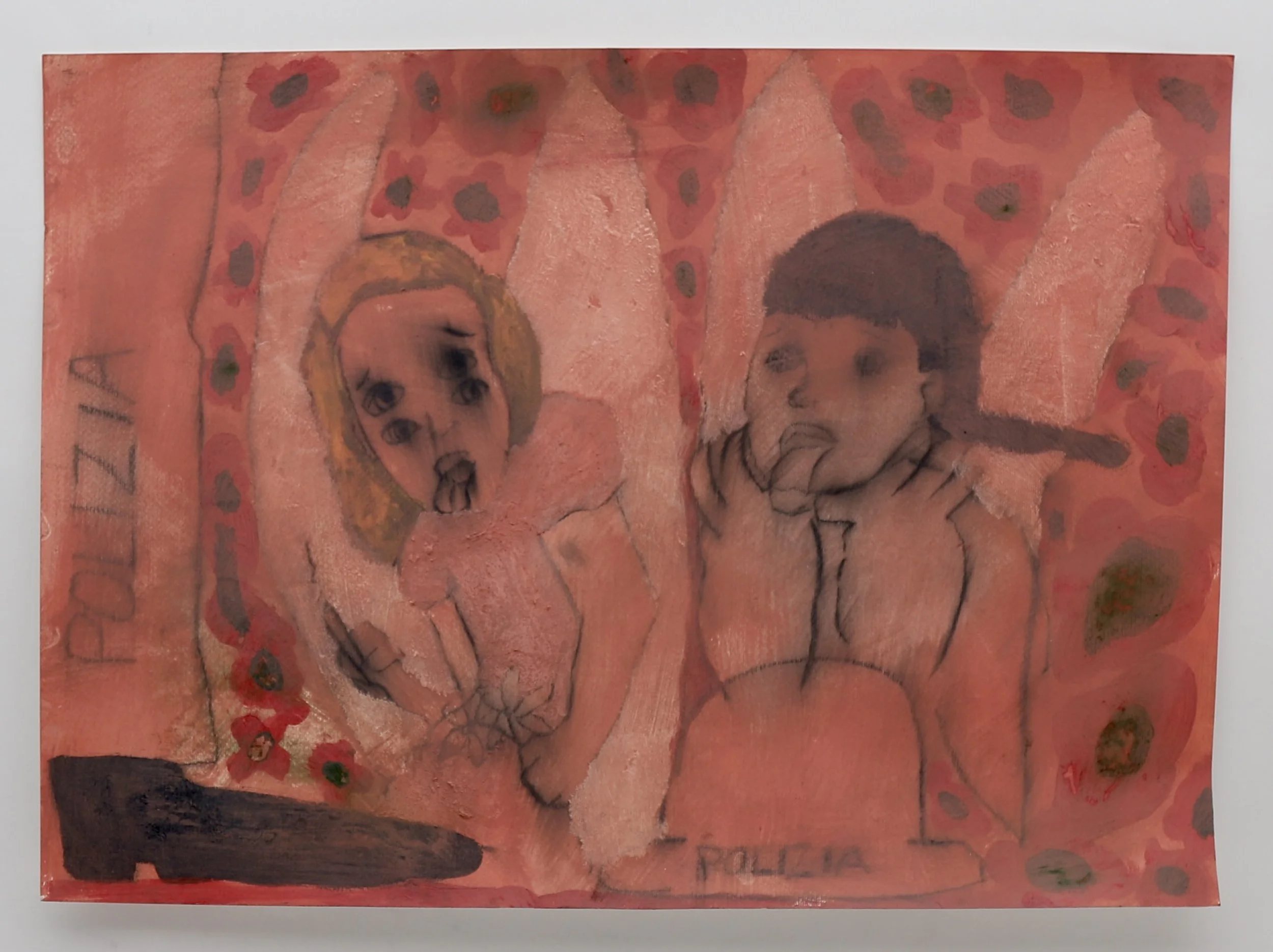 Girls and Polizia, 2026

- House paint and charcoal on paper
- 19.5 x 27.5 in. (49.53 x 69.85 cm.)