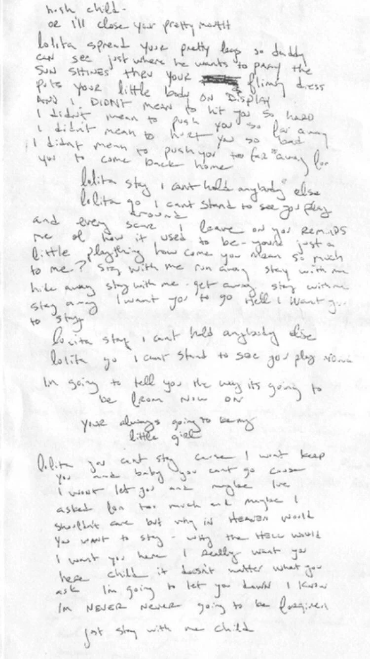 Handwritten Lyrics: Lolita