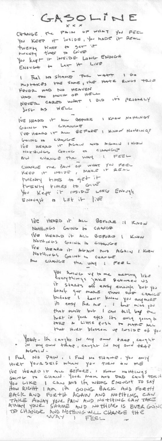 Handwritten Lyrics: Gasoline