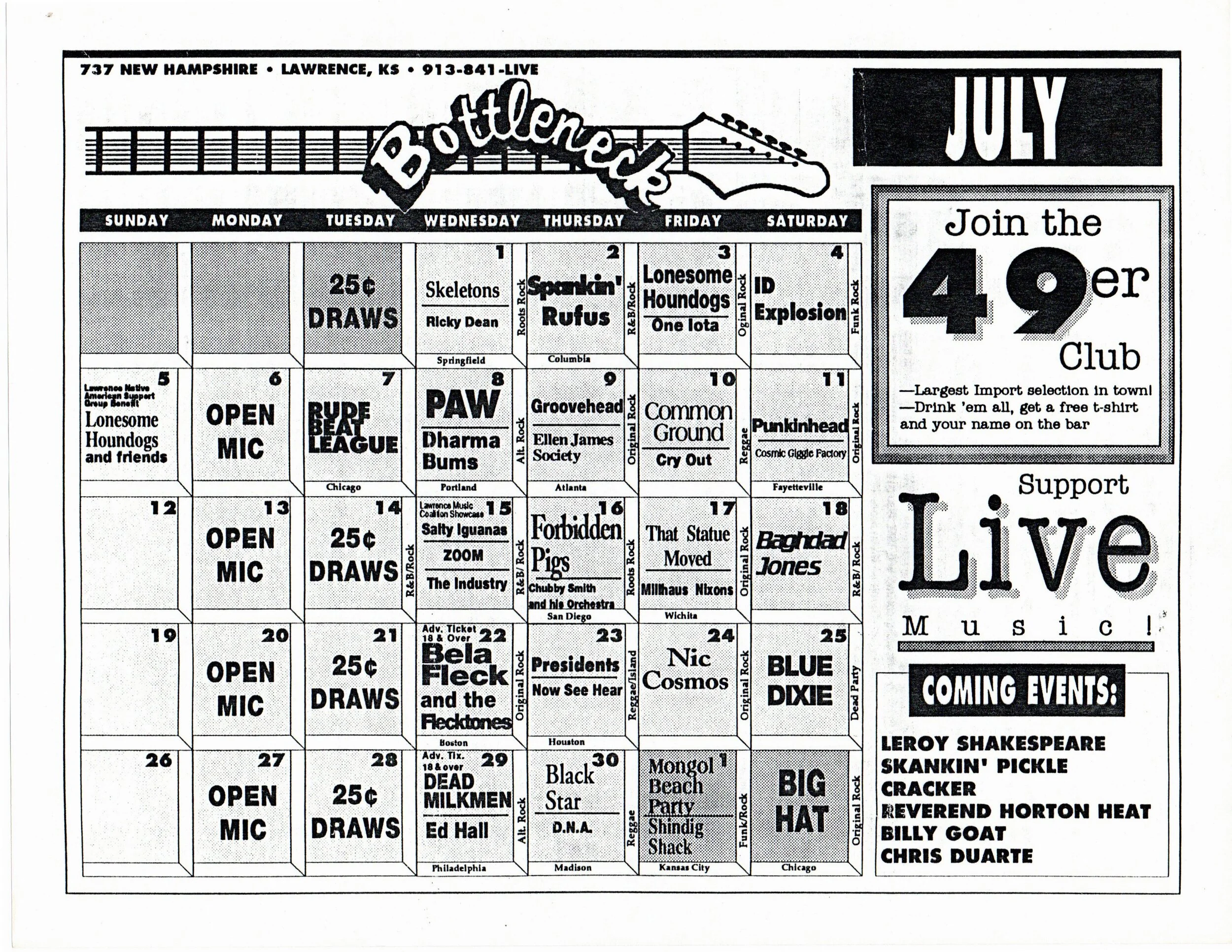 Bottleneck (Lawrence, KS) Concert Calendar, July 1992