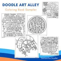 Page from a coloring book titled 'Doodle Art Alley' featuring various black and white doodle art and illustrations for coloring.