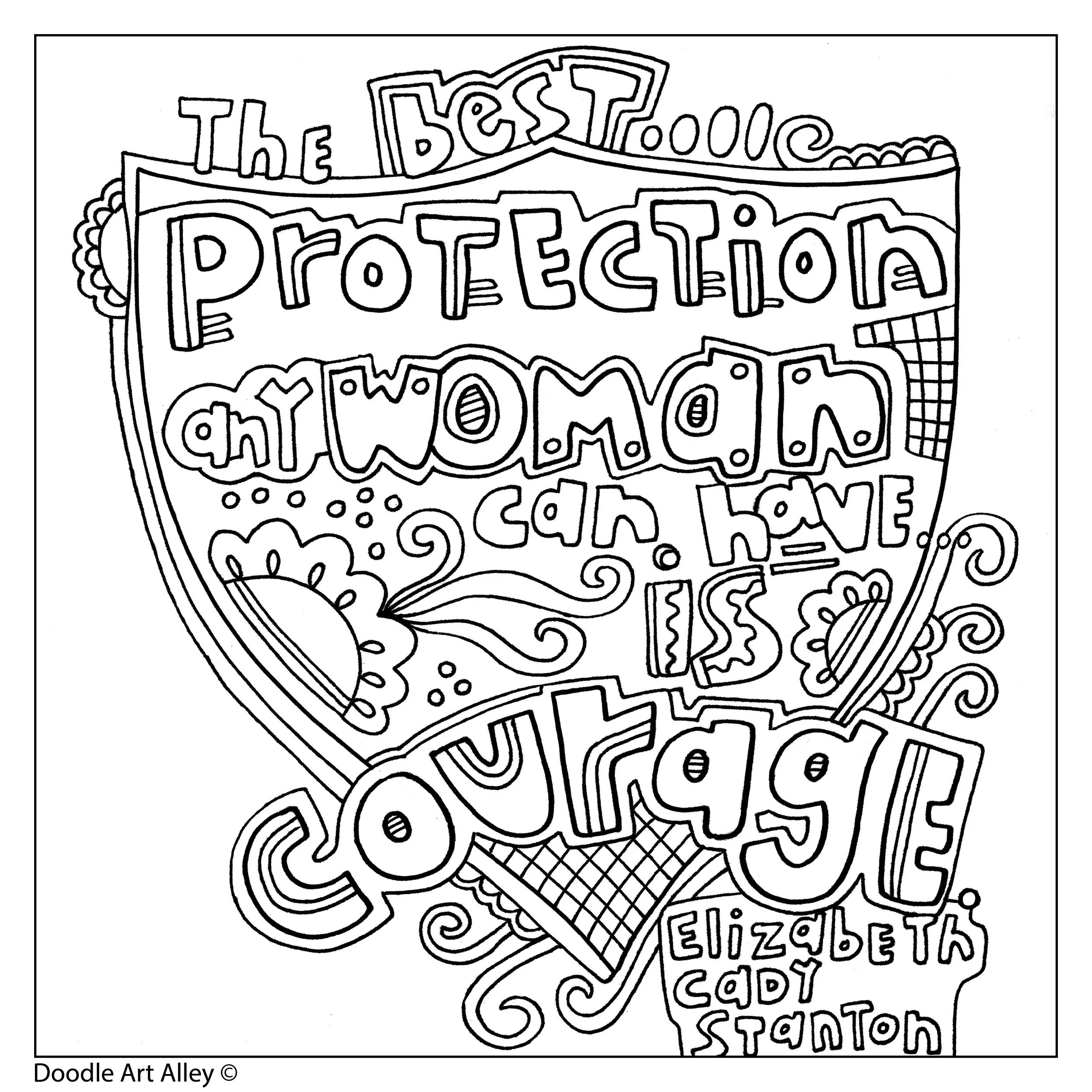 Coloring page with the words 'The Best Protection' written in large, stylized letters, surrounded by decorative patterns and additional text at the bottom reading 'Doodle Art Alley ©'.