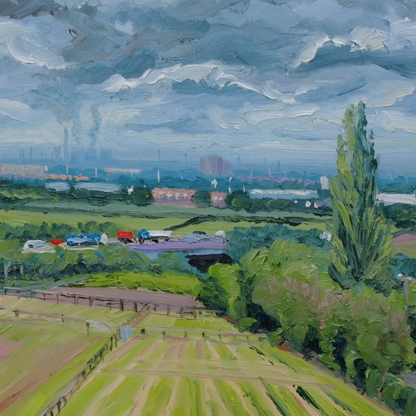 Doncaster from Wadworth.    Oil on Board.   40cm x 30cm.     (Jume 2024)