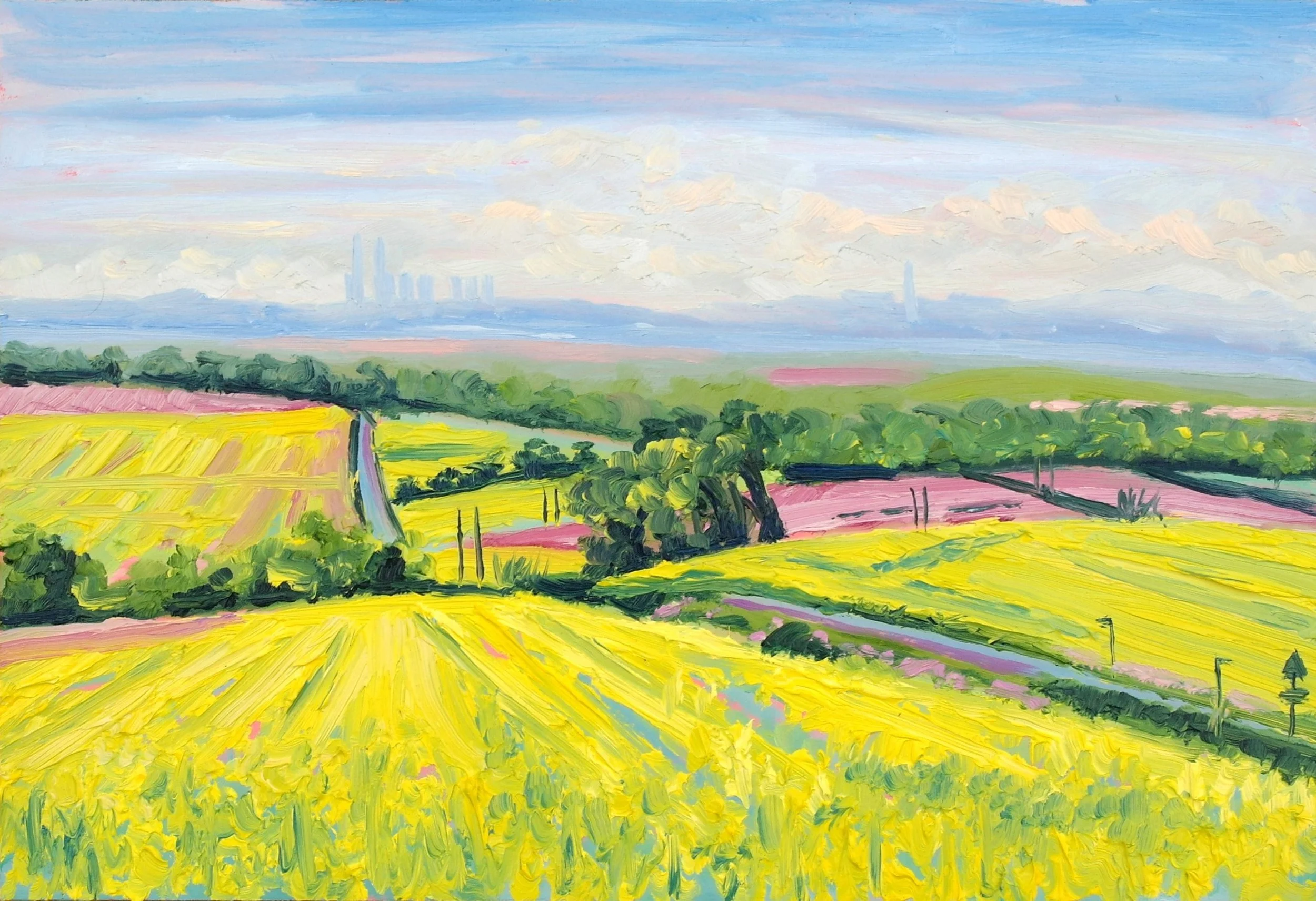 Rapeseed off Leys Lane.    Oil on Board.  30cm x 20cm.    (May 2024)