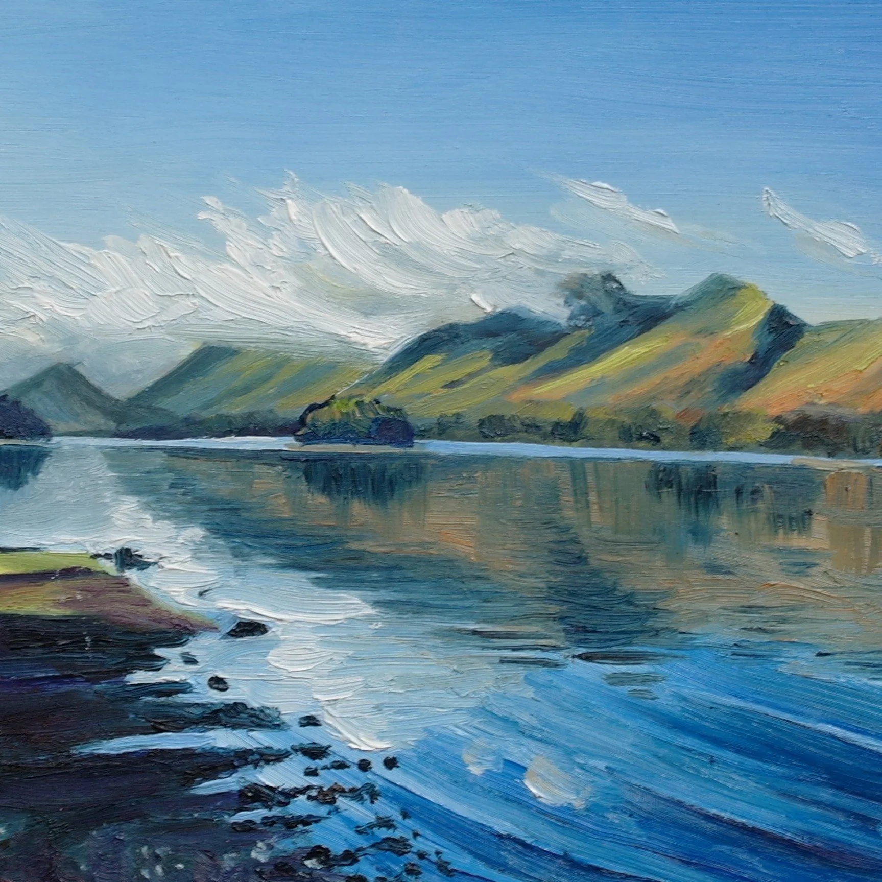 Early Sun on Derwent Water.    Oil on Board.   27cm x 19cm   (July 2024)