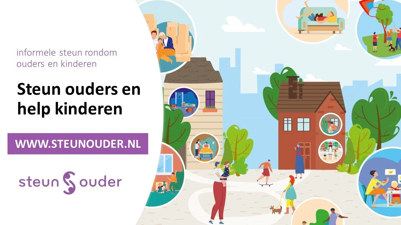 Illustratie van een stadscène met huizen en mensen die dagelijks leven. Op de voorgrond staan teksten "Steun ouders en help kinderen" en een link naar www.steunouder.nl. Er zijn familieactiviteiten in cirkels afgebeeld, zoals spelen en eten.
