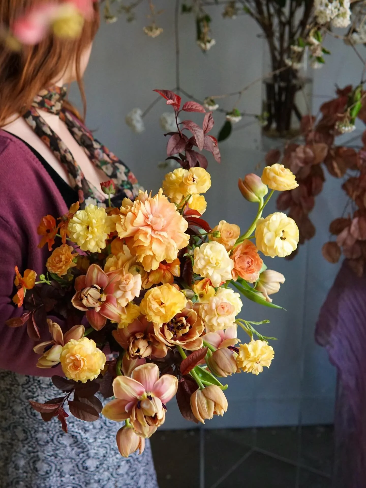 Spring, but make it fall. Inspired by a base of purple leaf plum, with ranunculus (elegance &amp; butterfly), fritillaria and stunning Belle Epoque tulips. All locally sourced from our friends at the @atlantaflowercollective, @fieldandflowerbyinbloom
